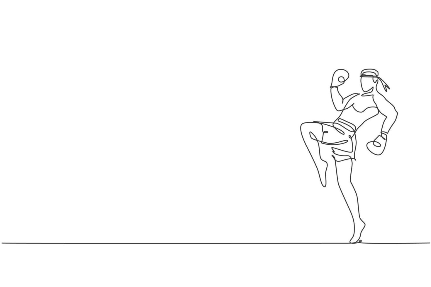 One continuous line drawing of young sporty muay thai boxer man preparing to fight, stance kick at box arena. Fighting sport game concept. Dynamic single line draw design graphic vector illustration