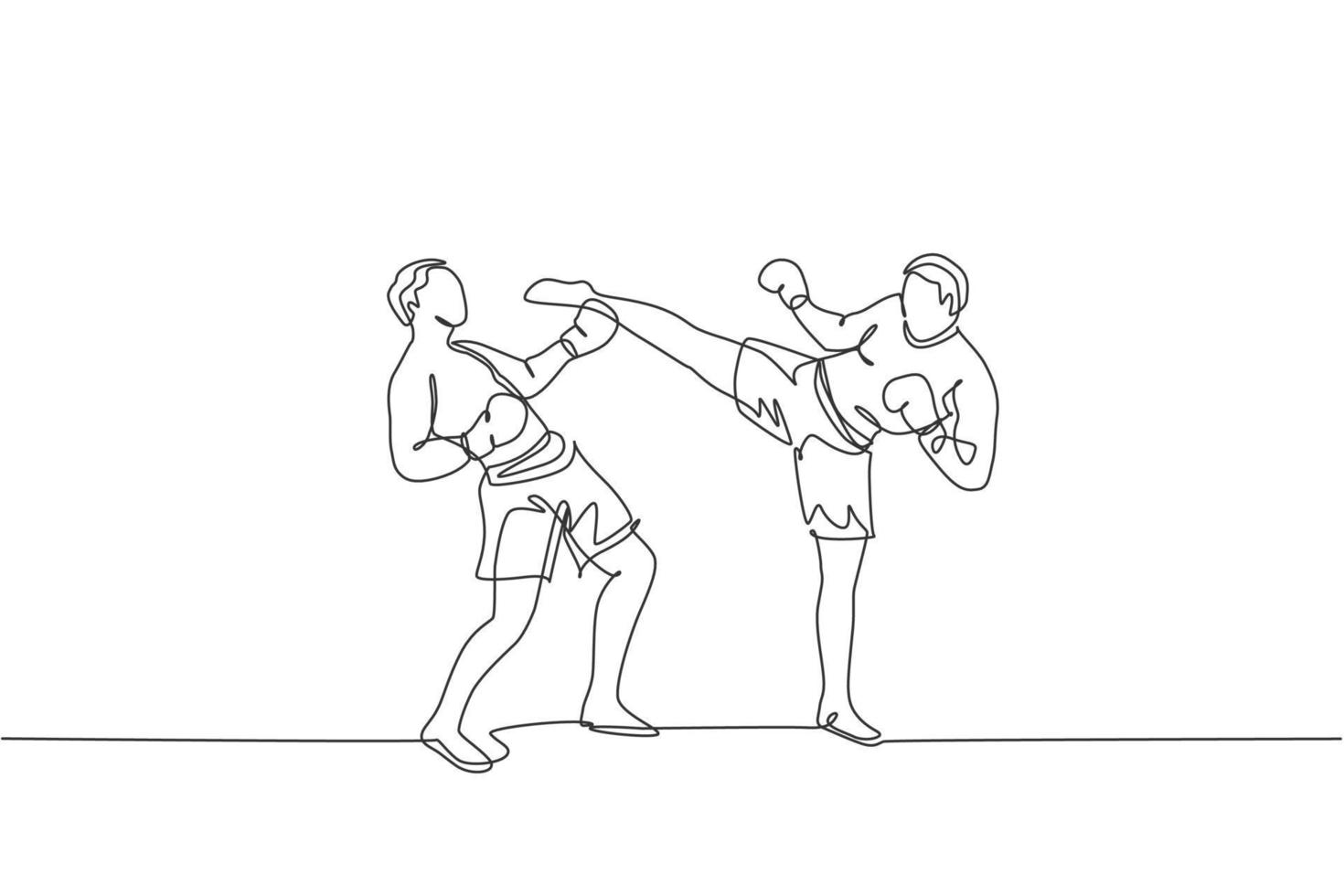 One single line drawing of young energetic man kickboxer practice sparring fight with partner in boxing arena vector illustration. Healthy lifestyle sport concept. Modern continuous line draw design