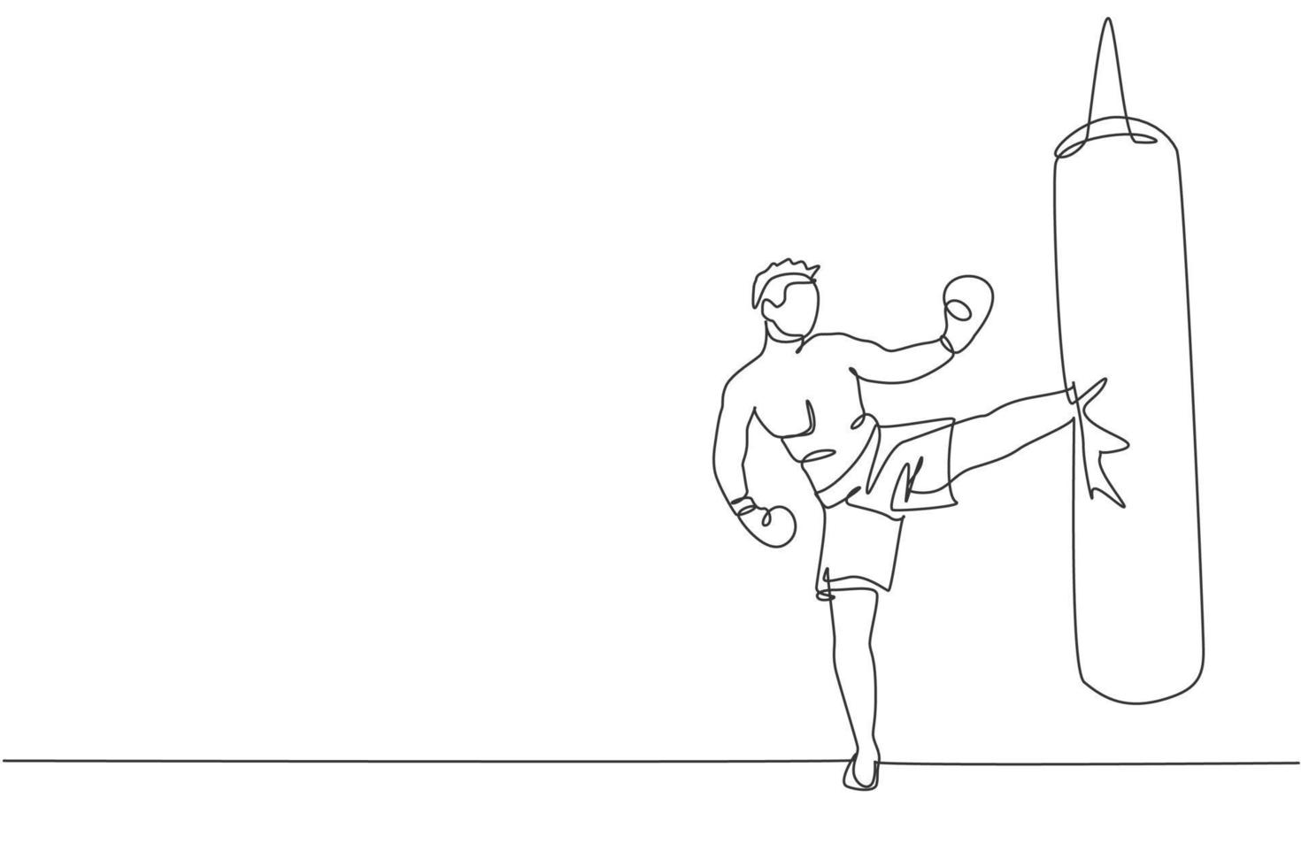 Single continuous line drawing of young sportive man kickboxer exercise side kicking with punch bag in sport hall. Fight competition kickboxing sport concept. One line draw design vector illustration