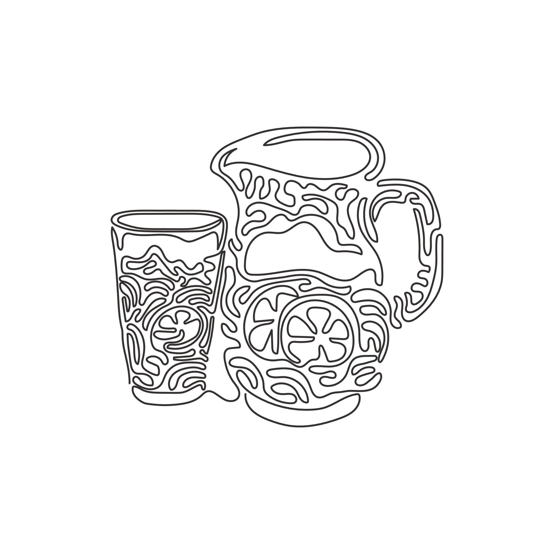 Single continuous line drawing lemonade in jug and glass. Glass and