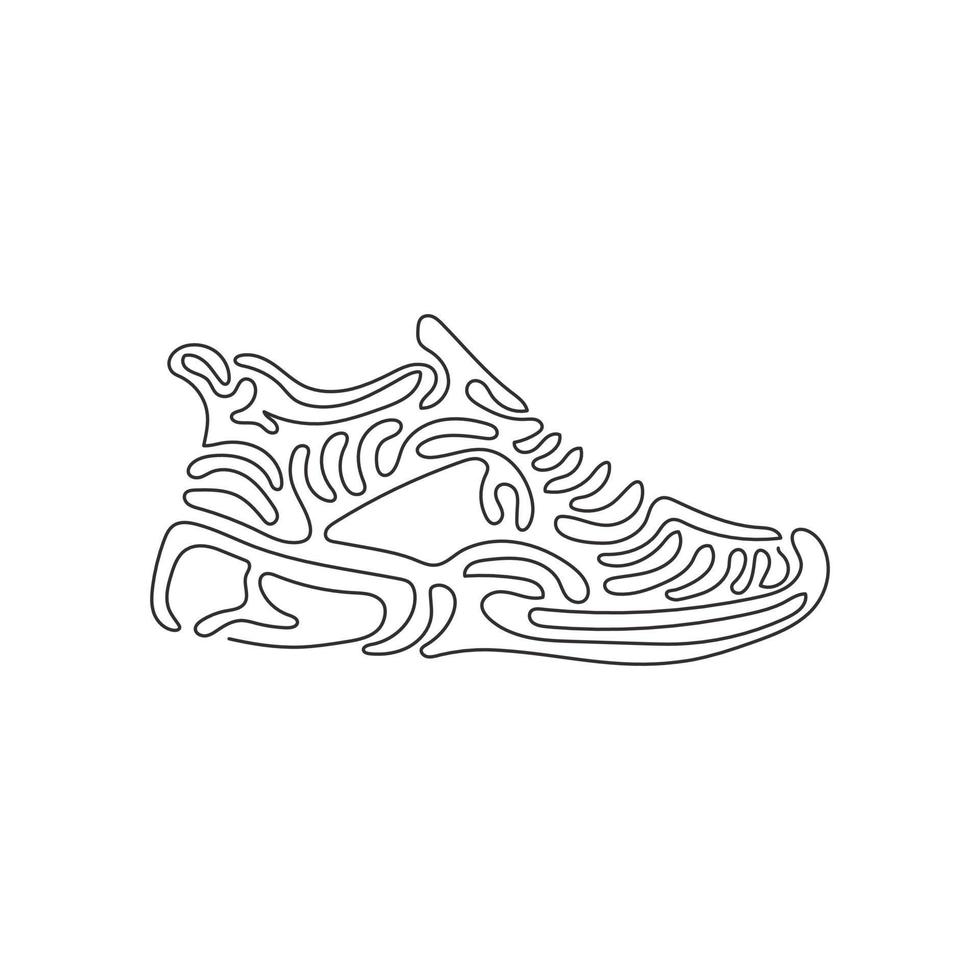 Single one line drawing fitness sneakers shoes for training, running shoe. Sport running shoe for training and fitness. Swirl curl style. Modern continuous line draw design graphic vector illustration