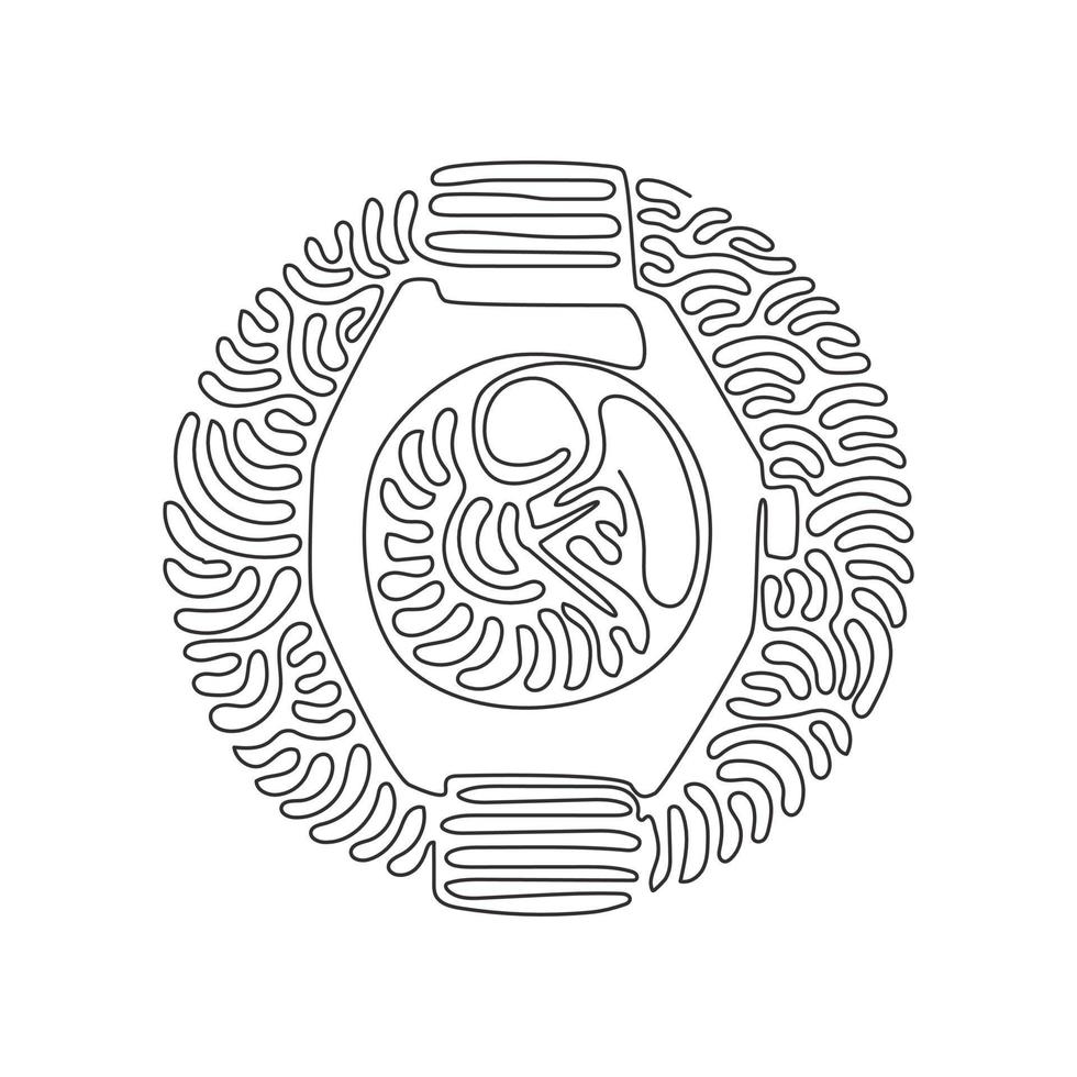 Single one line drawing luxury steel watch with black fabric strap. Classic silver men wrist watch with metallic watchband. Swirl curl circle background style. Continuous line draw design graphic vector