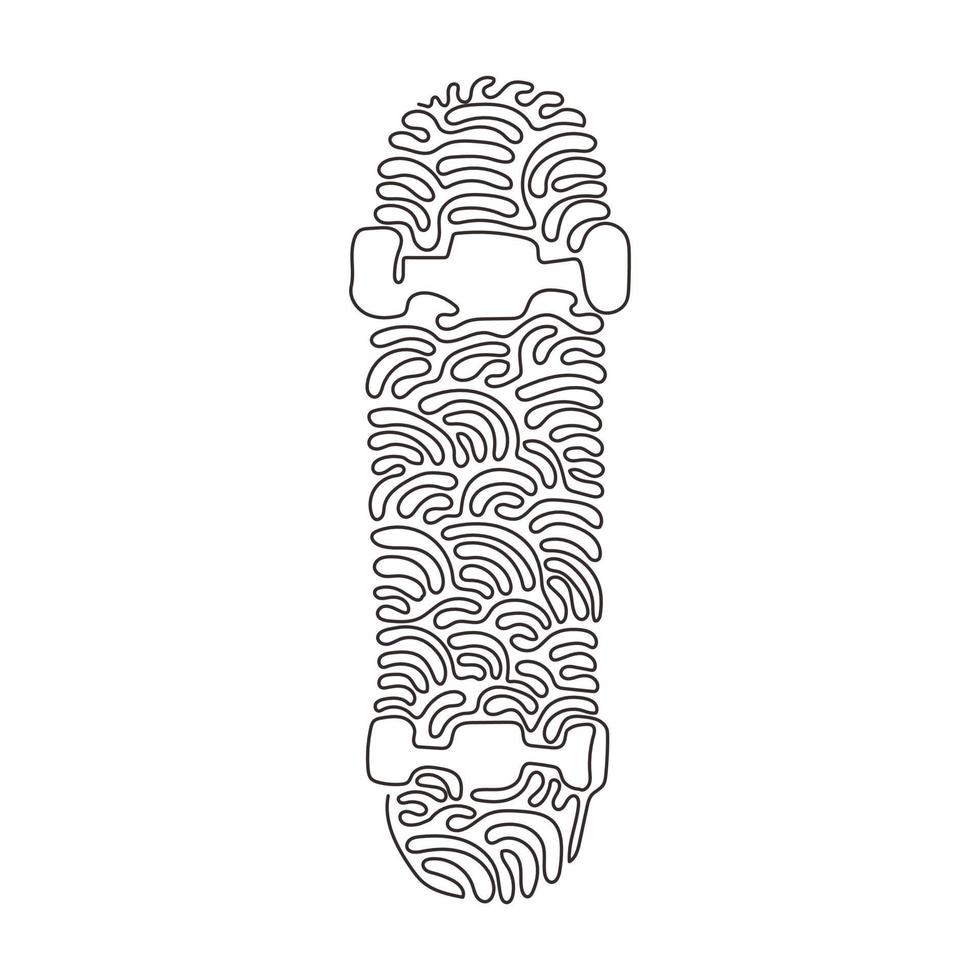 Single one line drawing skateboard, back side. Empty plywood skateboard for freestyle skill. Clear deck for street sport. Swirl curl style. Continuous line draw design graphic vector illustration