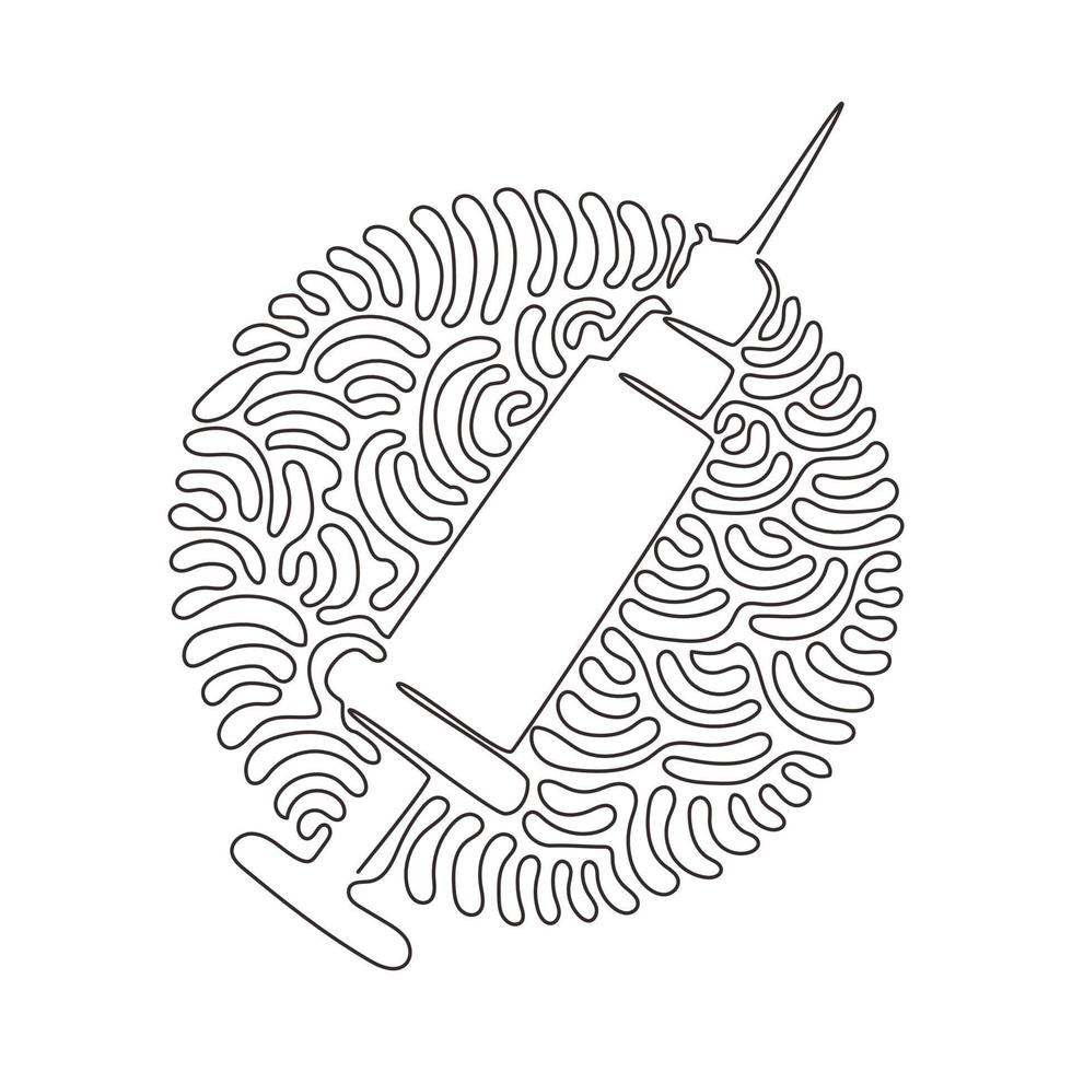 Single one line drawing injection syringe icon. Injection medical logo. Vaccine and medicine symbol. Swirl curl circle background style. Modern continuous line draw design graphic vector illustration