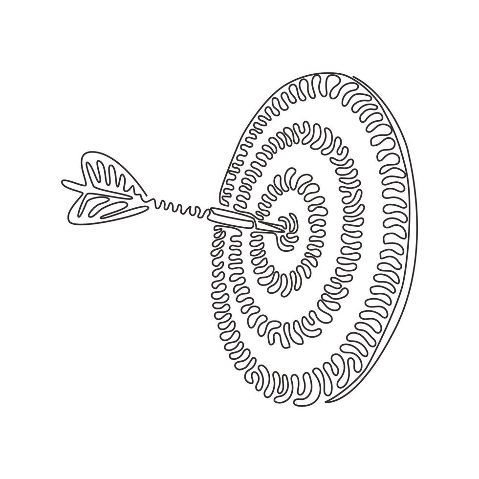 Continuous one line drawing darts arrows in target center business goal concept. Success hitting target aim goal achievement. Swirl curl style. Single line draw design vector graphic illustration