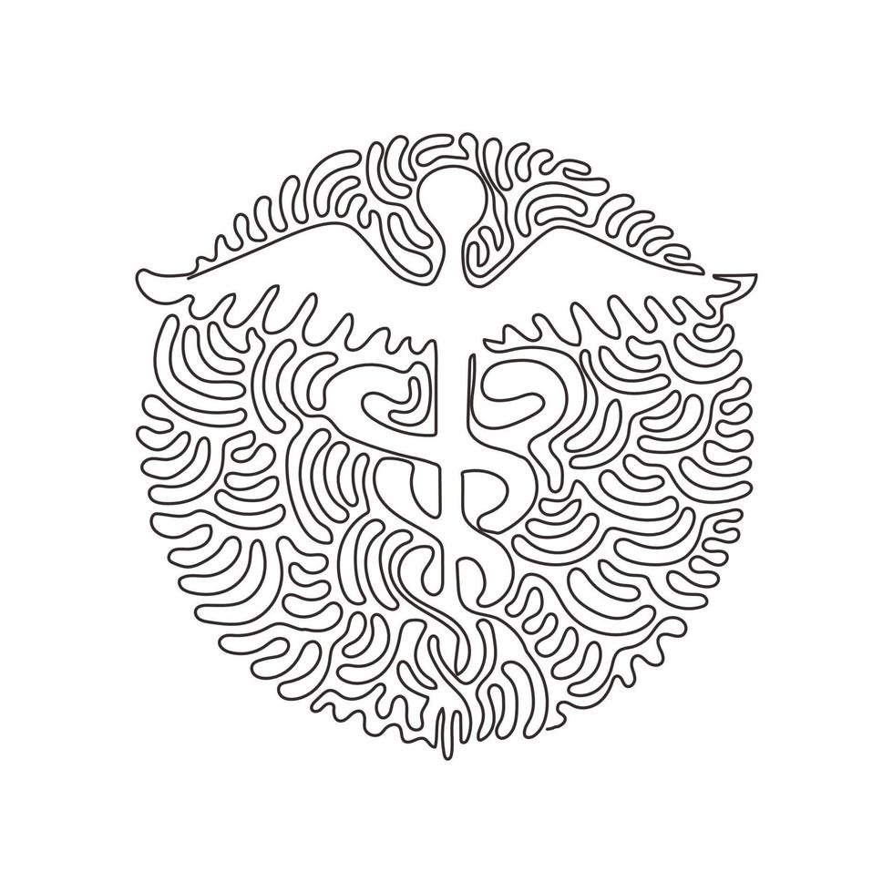 Single one line drawing Caduceus - medical center, pharmacy, hospital with popular symbol of medicine. Medical logo. Swirl curl circle background style. Continuous line draw design graphic vector