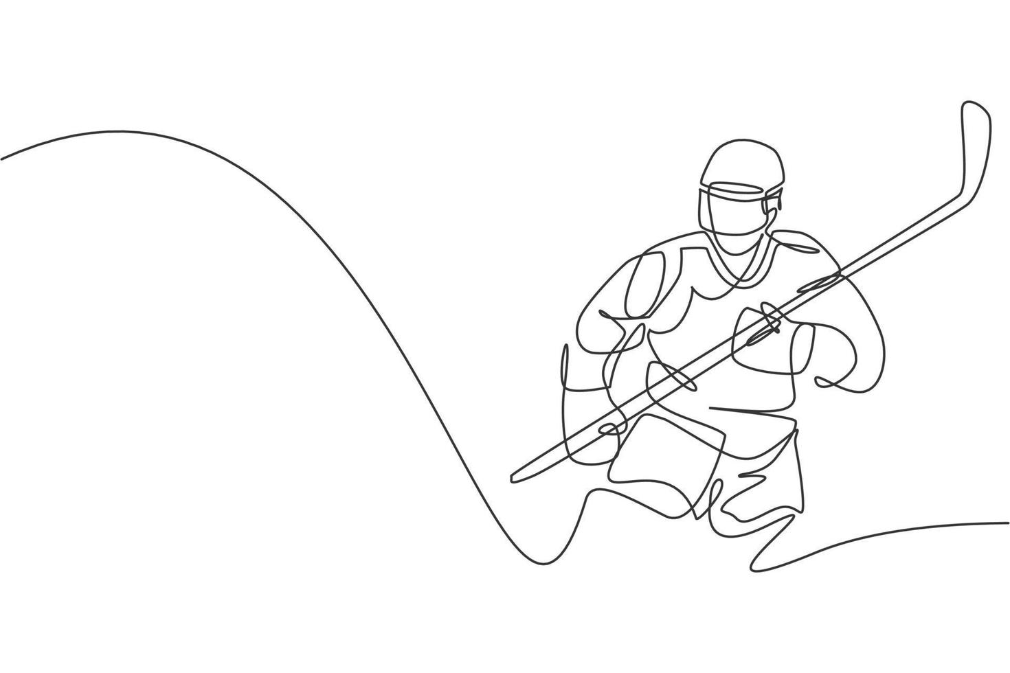 Single continuous line drawing of young professional ice hockey player pose stylish on ice rink arena. Extreme winter sport concept. Trendy one line draw graphic design vector illustration