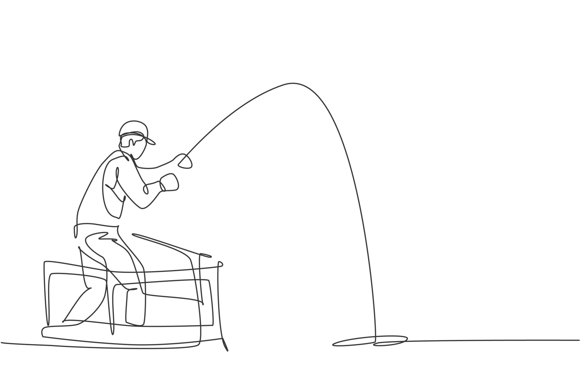 One continuous line drawing of young happy fisherman standing and