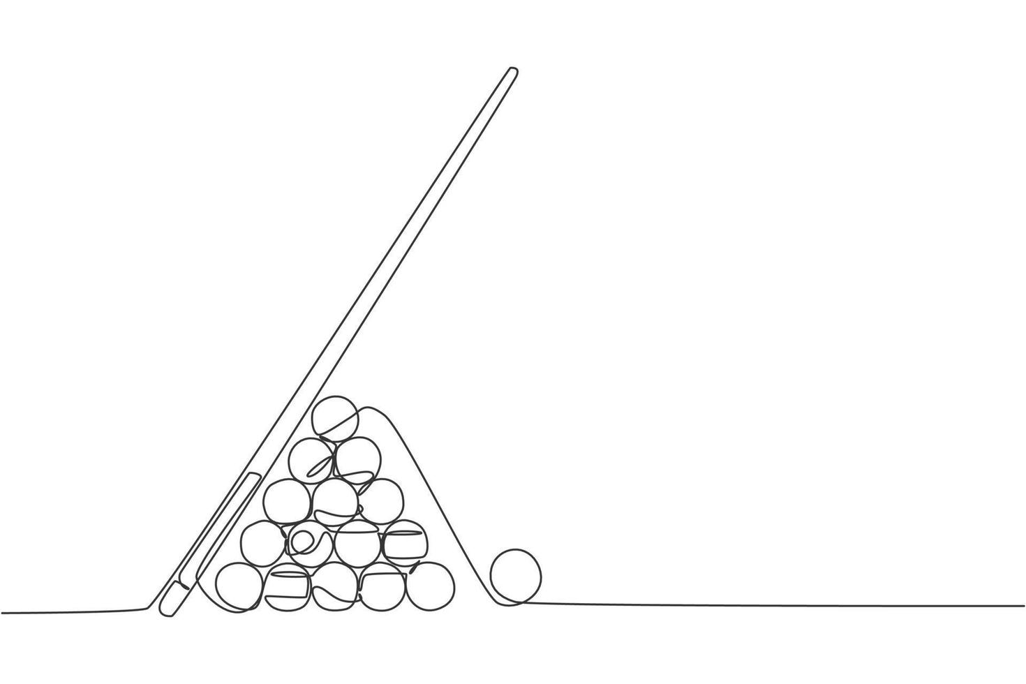 One continuous line drawing of triangle pyramid balls stack for pool billiards game at billiard room. Tournament indoor sport game concept. Dynamic single line draw graphic design vector illustration