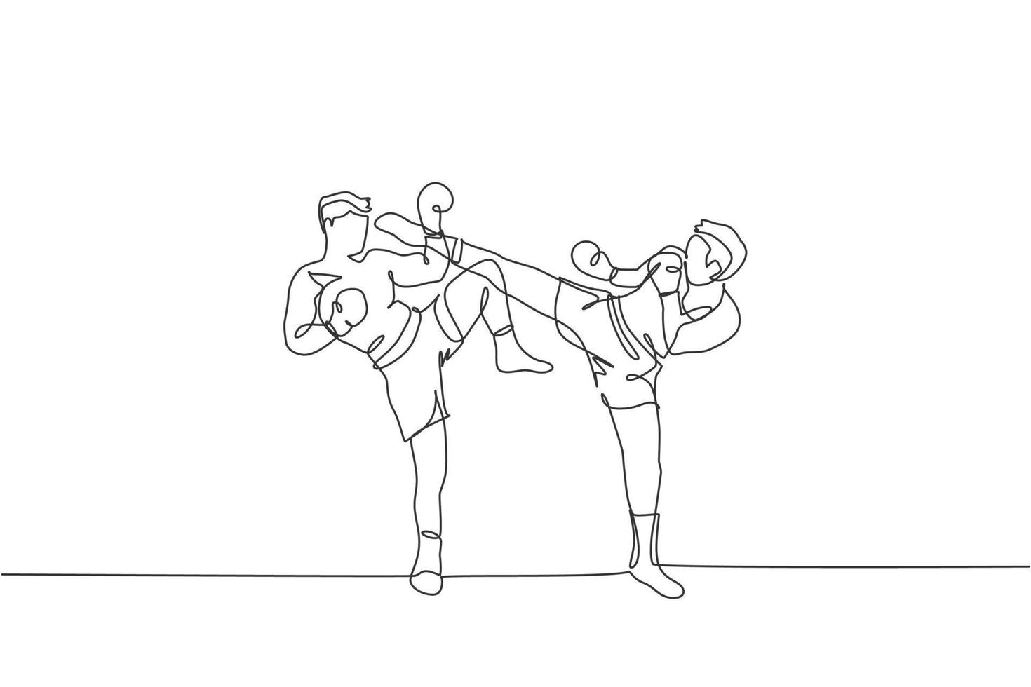 One continuous line drawing of young sporty muay thai boxer man kicking the opponent head in match game at box arena. Fighting sport game concept. Dynamic single line draw design vector illustration