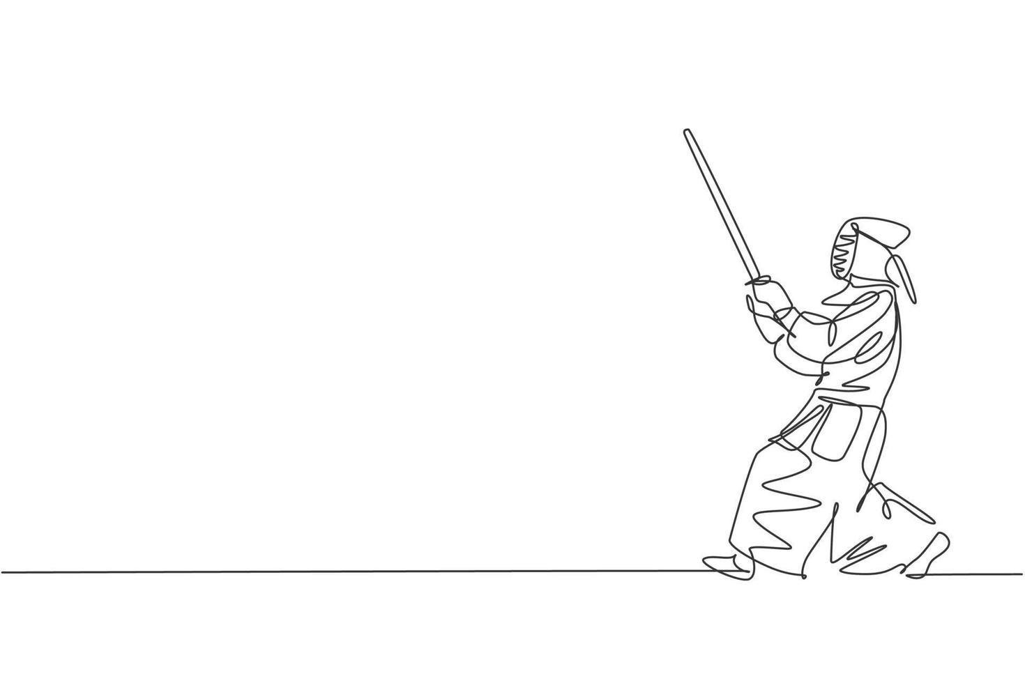 Single continuous line drawing of young sportive man practicing kendo defense martial art skill on gym sport center. Fighting sport concept. Trendy one line draw graphic design vector illustration