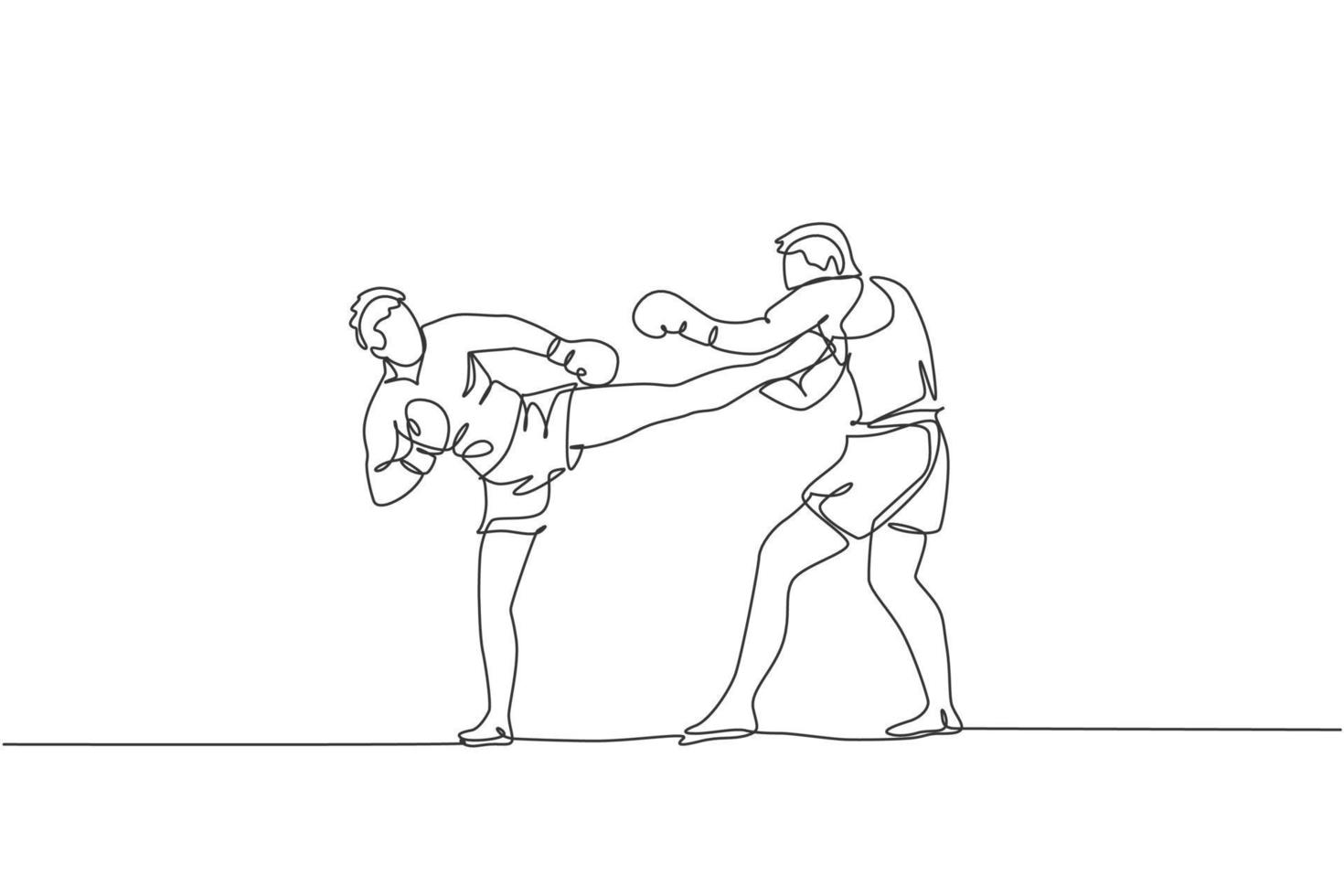 un dibujo de línea continua de dos jóvenes deportistas atletas de kickboxer entrenando juntos en el gimnasio. pelea de sparring. concepto de deporte de kickboxing combativo. ilustración de vector de diseño de dibujo de una sola línea