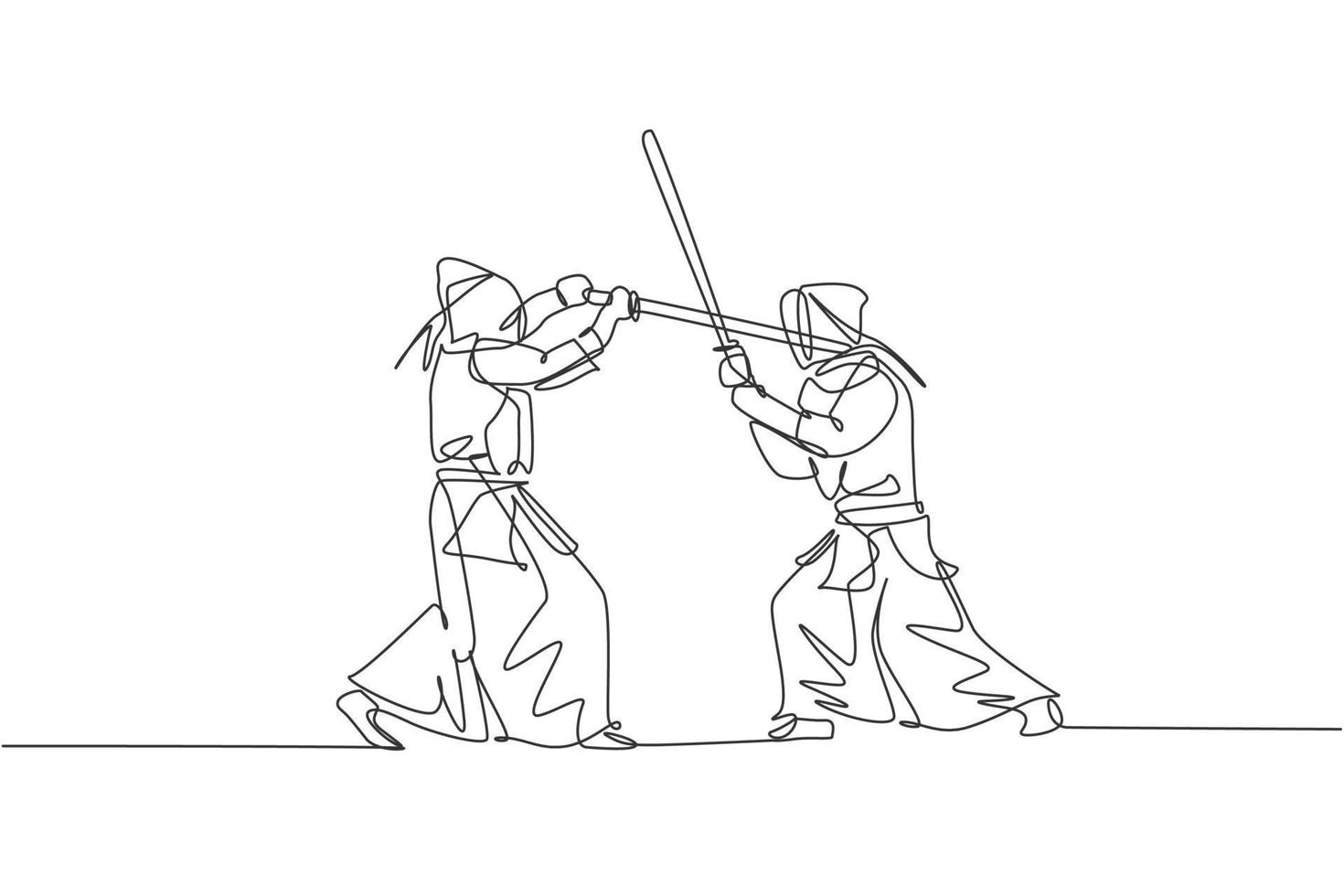 One continuous line drawing of two young sporty men training kendo fighting skill with sparring in dojo center. Healthy martial art sport concept. Dynamic single line draw design vector illustration