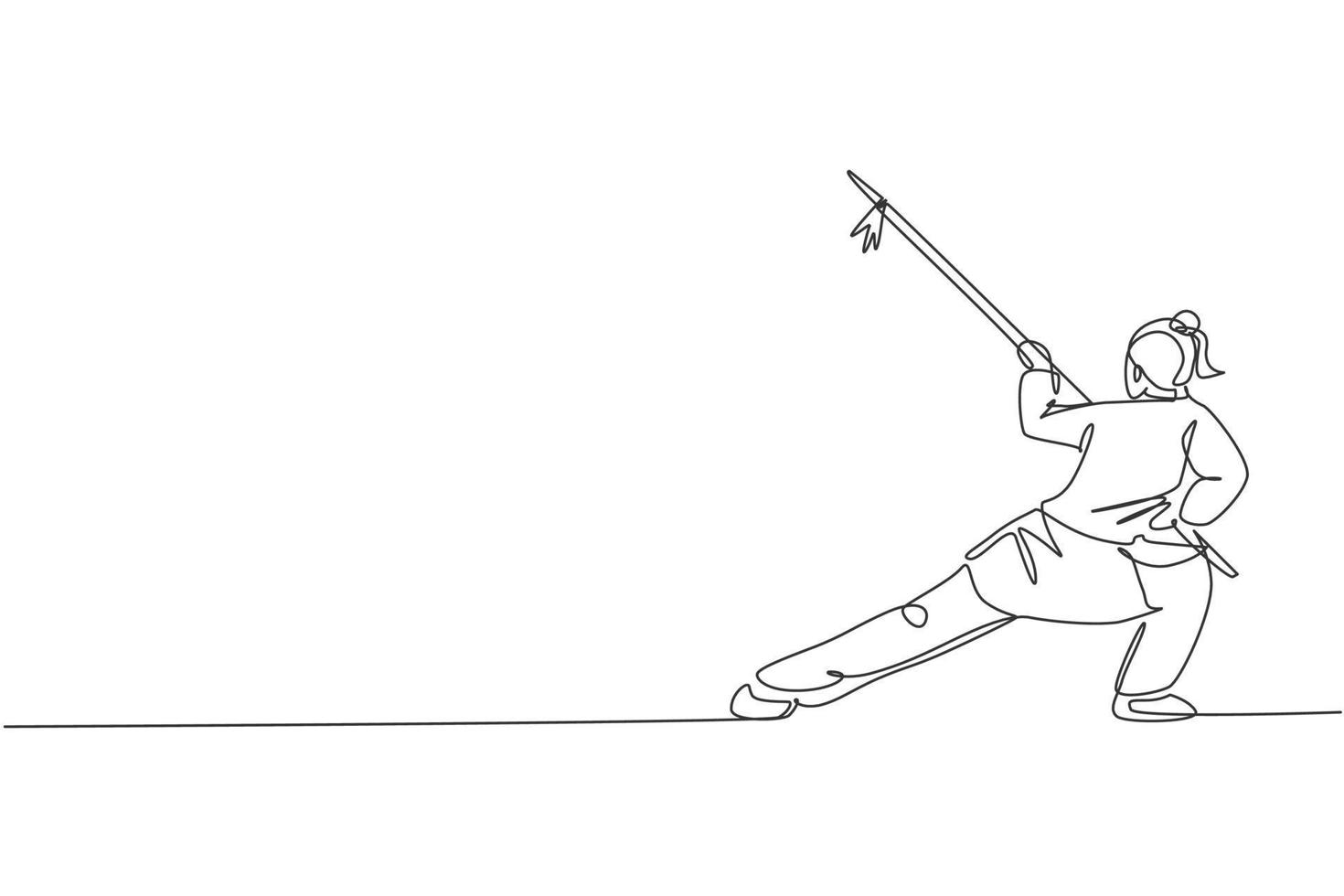 One single line drawing of young woman on kimono exercise wushu martial art, kung fu technique with spear on gym center vector illustration. Fighting sport concept. Modern continuous line draw design