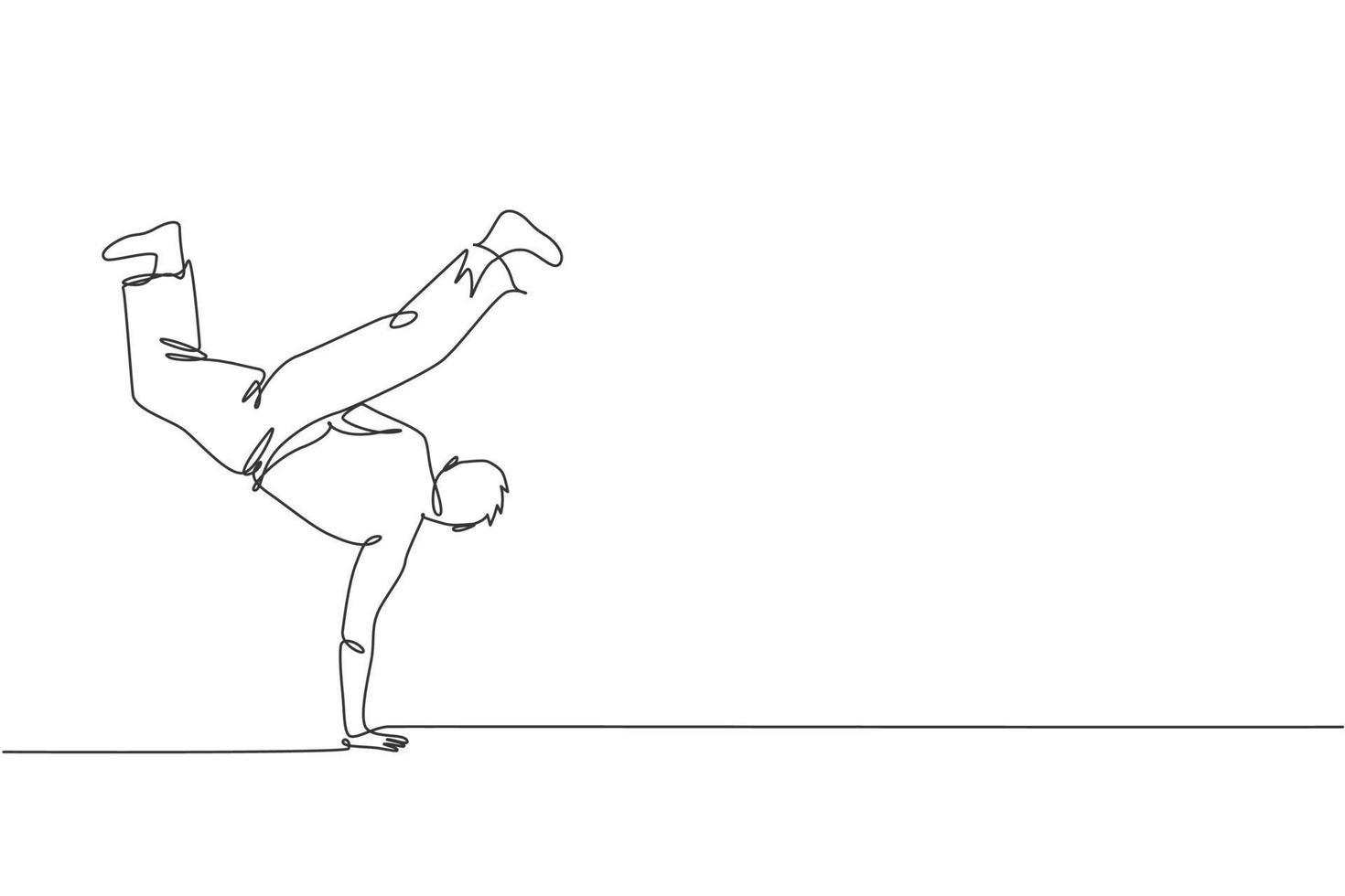 un dibujo de una sola línea de un joven enérgico bailarín de capoeira que realiza un gráfico de ilustración vectorial de lucha de baile. concepto de deporte de estilo de vida de arte marcial tradicional. diseño moderno de dibujo de línea continua vector