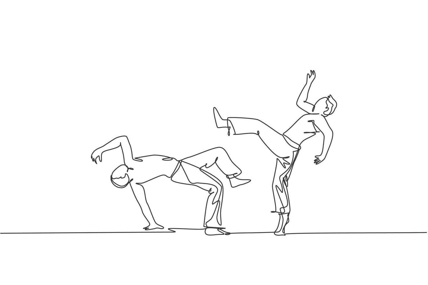 Single continuous line drawing of two young sportive men practice Brazilian capoeira move dance at outdoor street. Culture martial art sport concept. Trendy one line draw design vector illustration