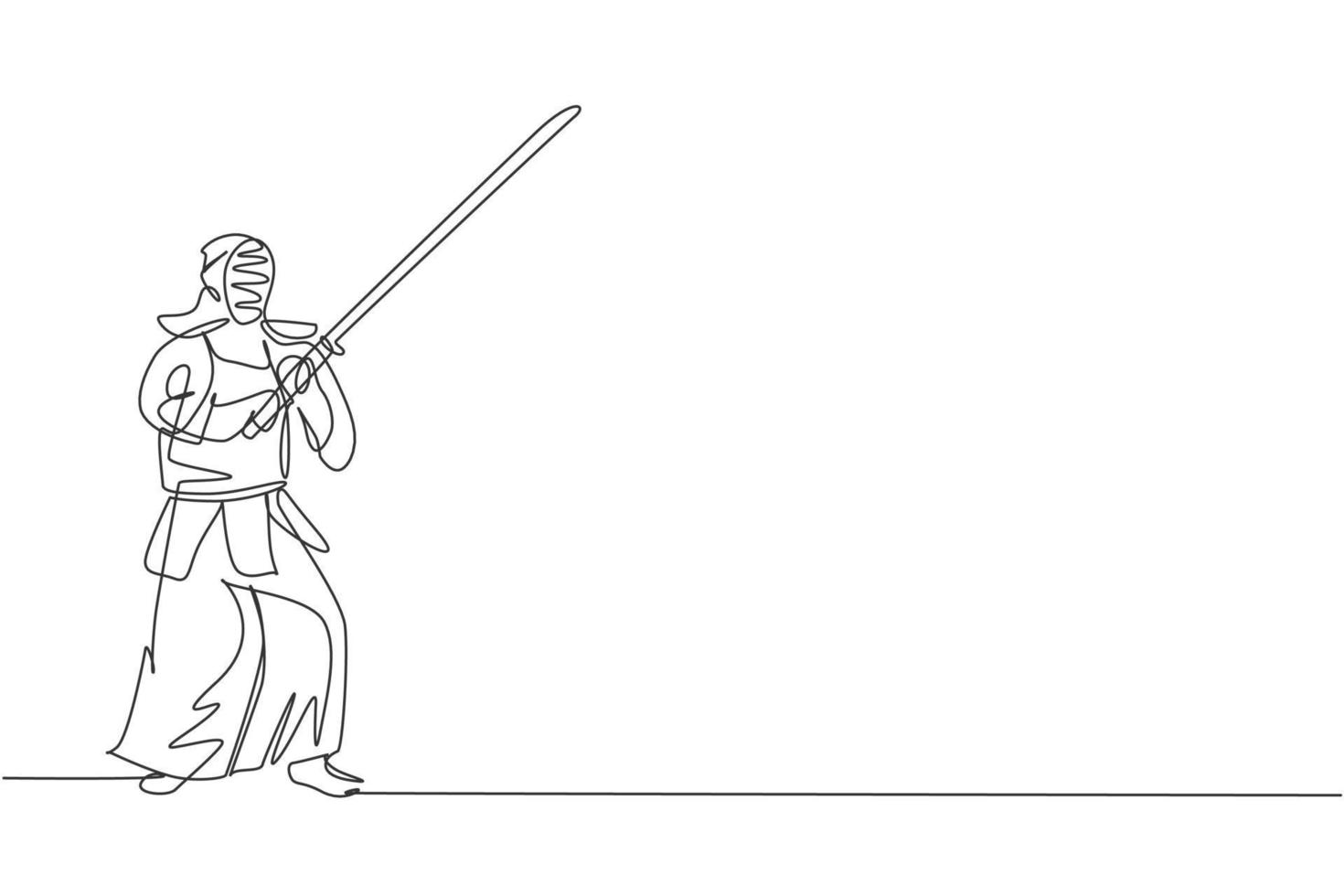 One single line drawing of young energetic man exercise kendo stance with wooden sword at gym center graphic vector illustration. Combative fight sport concept. Modern continuous line draw design