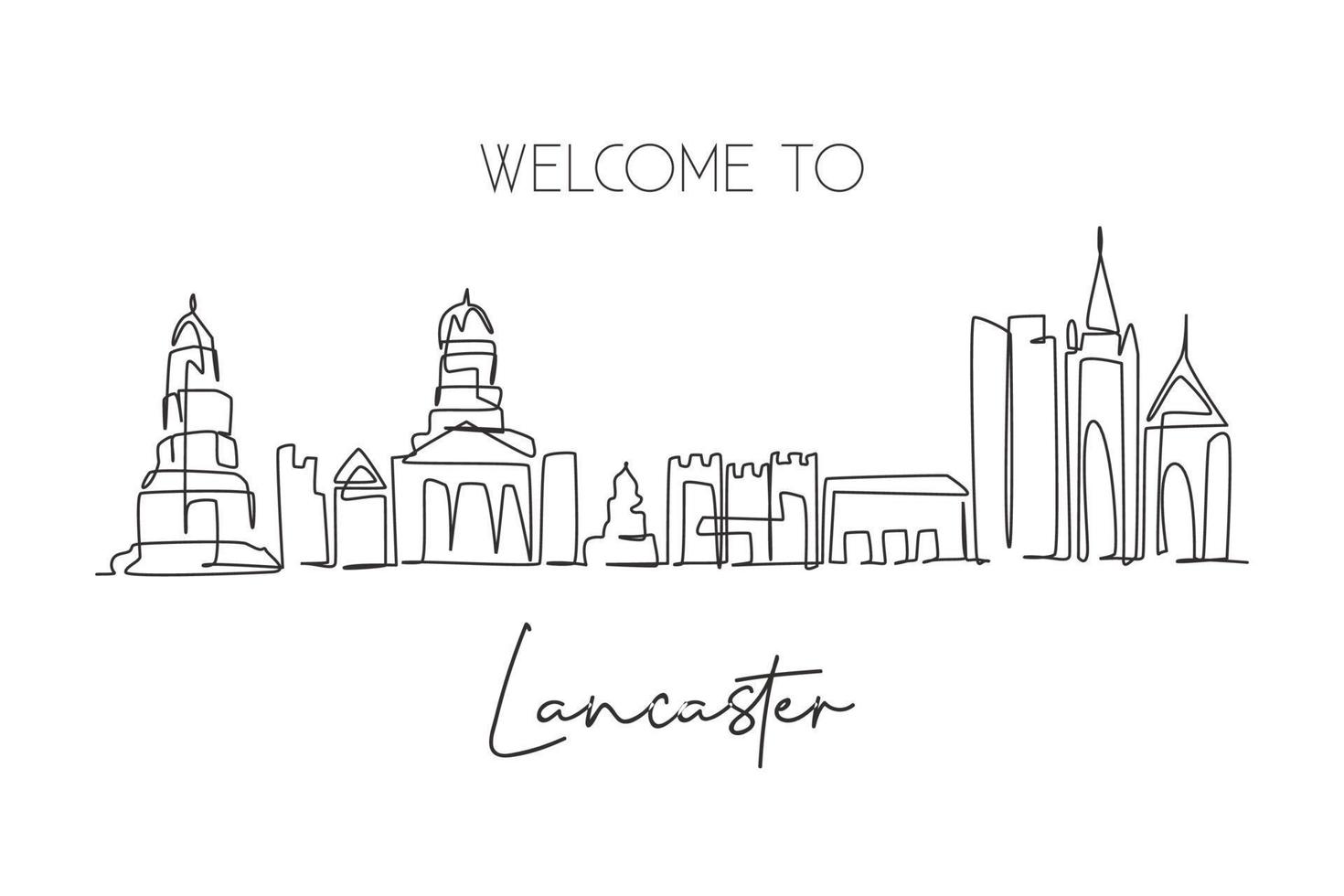 Single one line drawing Lancaster city skyline, England. World historical town landscape. Best holiday destination postcard art. Editable stroke trendy continuous line draw design vector illustration