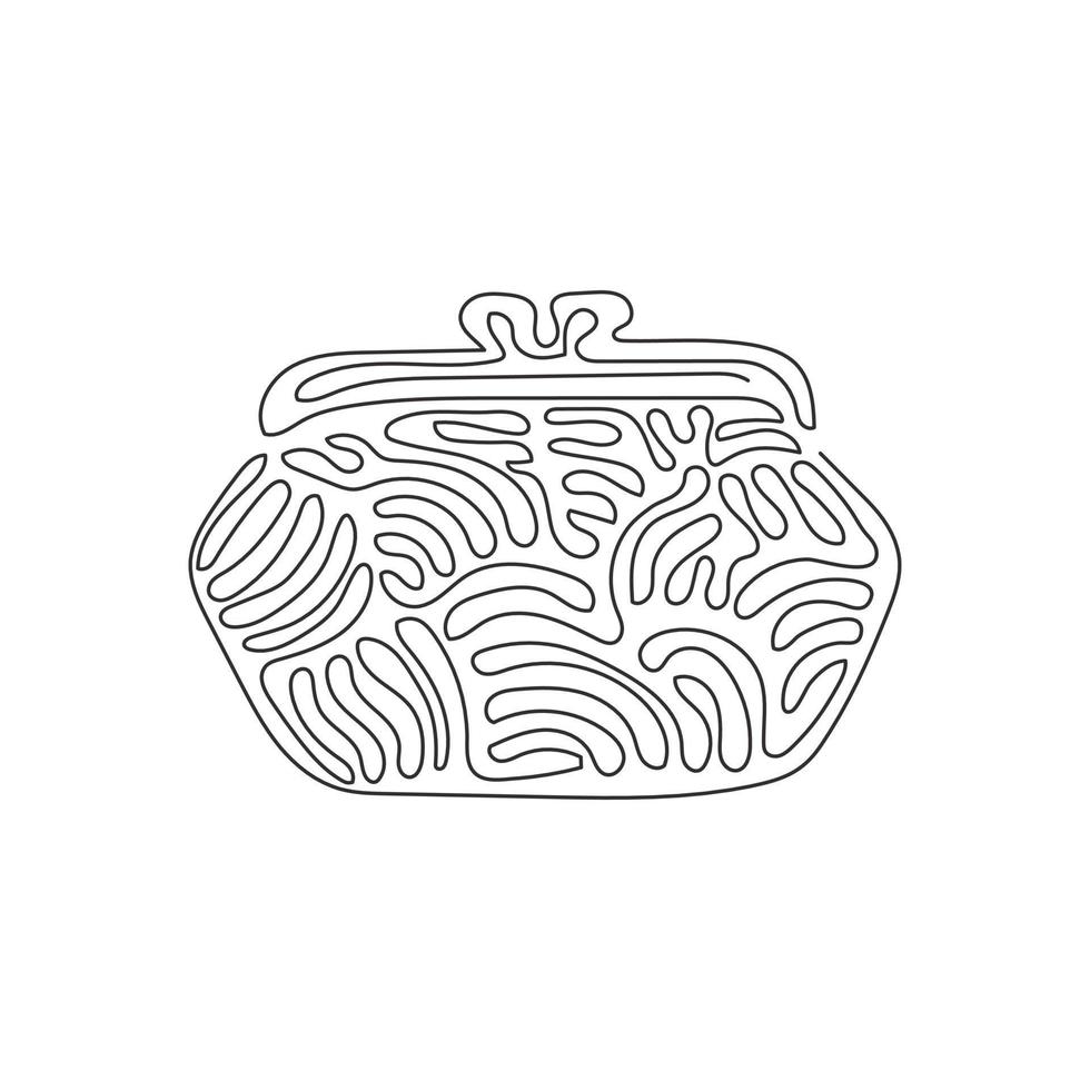 Single continuous line drawing women's wallet icon. Coin Purse. Coin wallet. Wallet for change. Cash wallet. Women's things element. Swirl curl style. One line draw graphic design vector illustration