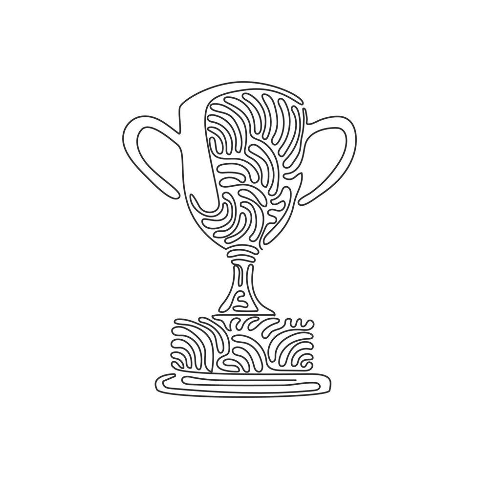 Single continuous line drawing winner's trophy icon. Golden trophy vector is symbol of victory in sports event. Swirl curl style concept. Dynamic one line draw graphic design vector illustration