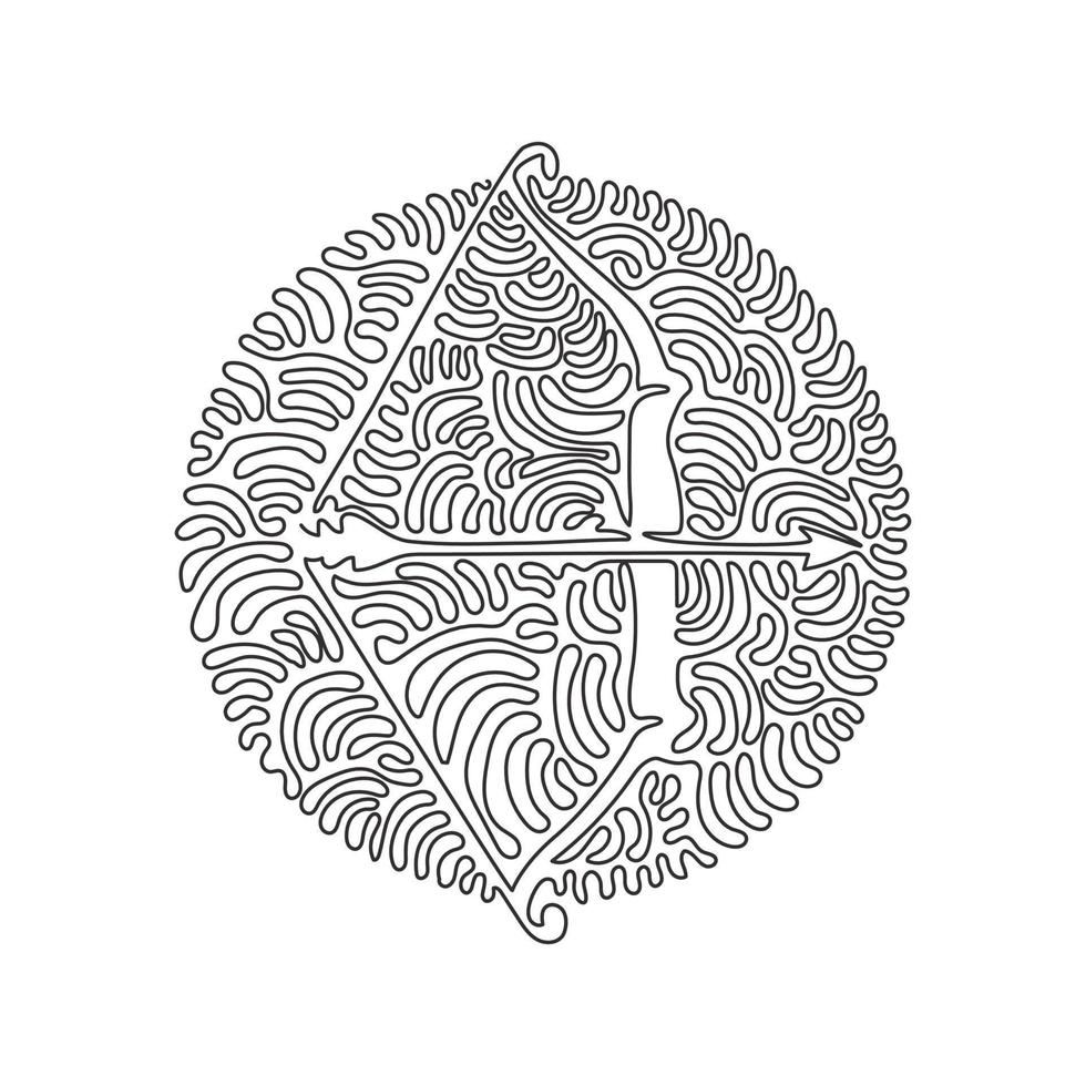Single continuous line drawing Arrow and bow Indian archery weapon. Native longbow warrior or hunting equipment. Tribal wooden armor. Swirl curl circle background style. Dynamic one line draw graphic vector