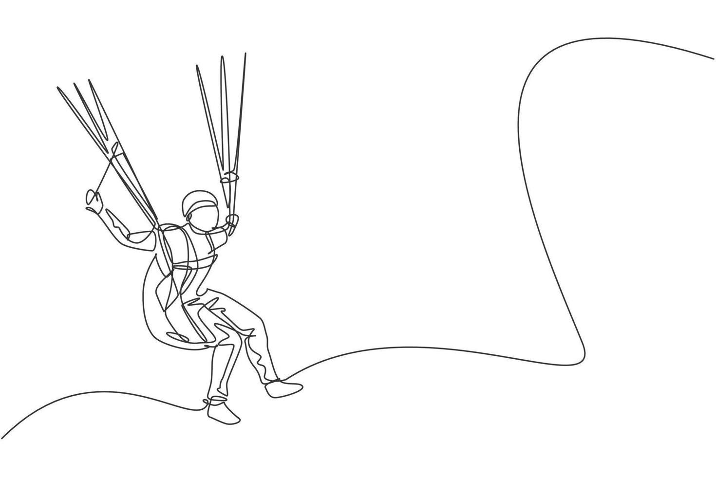 One single line drawing of young sporty man flying with paragliding parachute on the sky vector illustration graphic. Extreme sport concept. Modern continuous line draw design