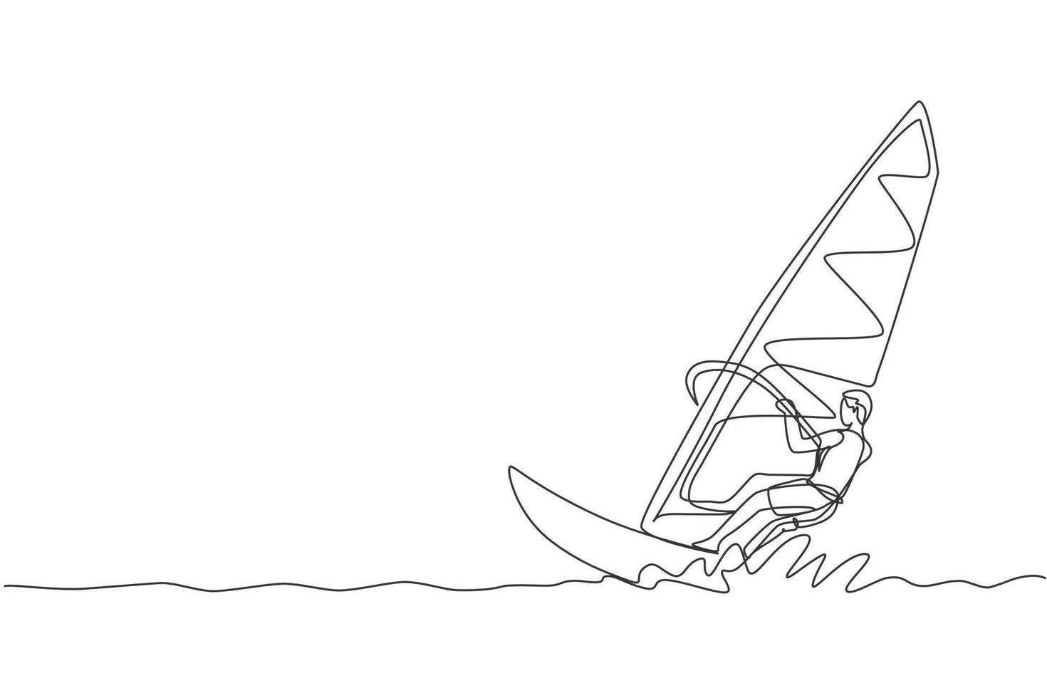 One single line drawing young sporty man play windsurfing in the sea beach graphic vector illustration. Healthy lifestyle and extreme sport concept. Summer vacation. Modern continuous line draw design