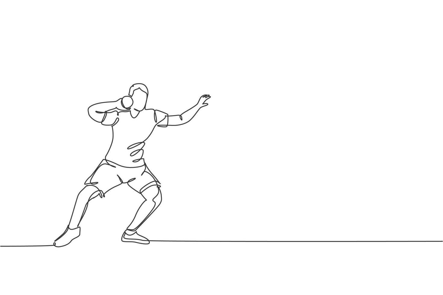 una línea continua dibujando a un joven deportista ejerciendo una postura antes de lanzar un tiro en el campo. juegos deportivos concepto de deporte olímpico. Ilustración de vector de diseño gráfico de dibujo de línea única dinámica