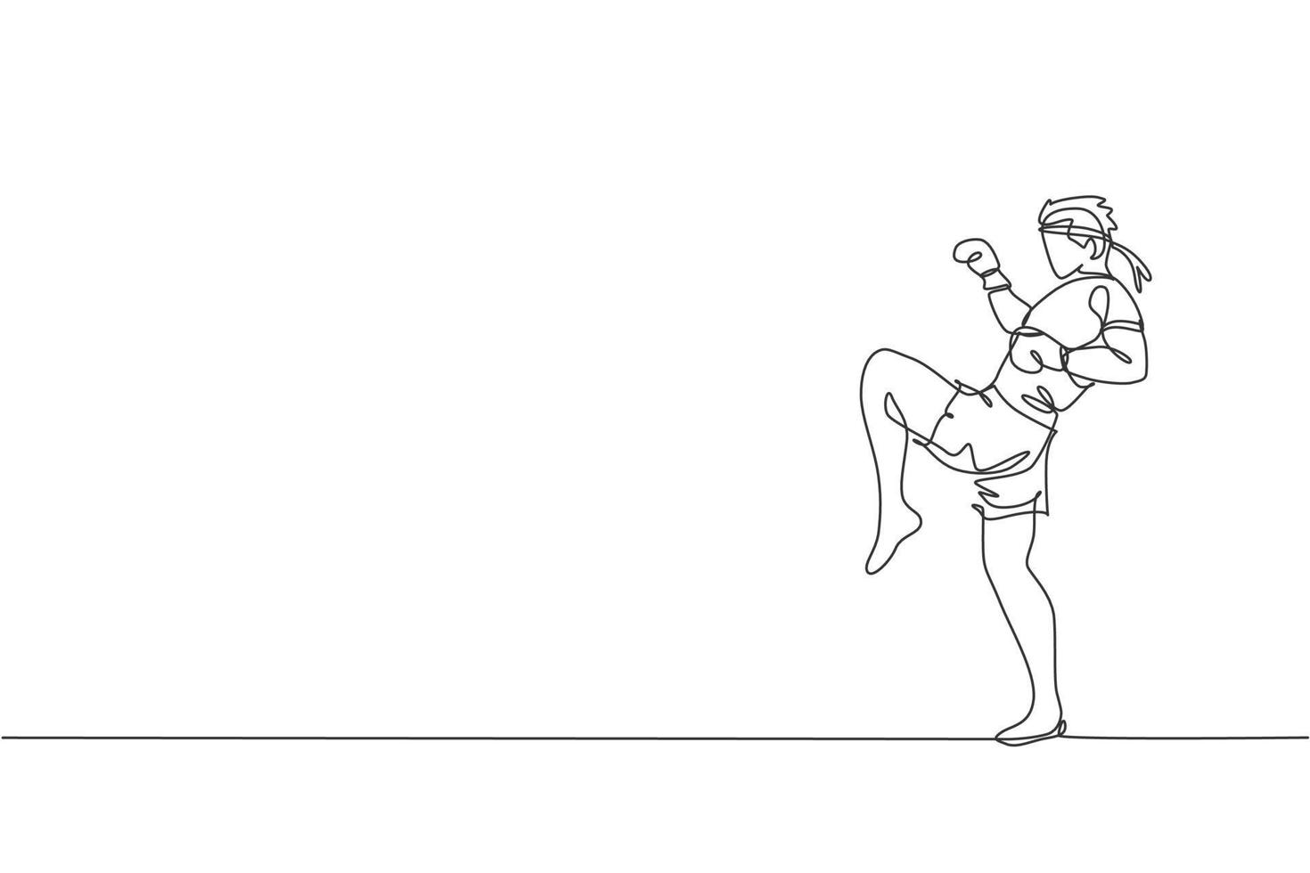 One continuous line drawing of young sporty muay thai boxer man preparing to fight, stance kick at box arena. Fighting sport game concept. Dynamic single line draw design graphic vector illustration