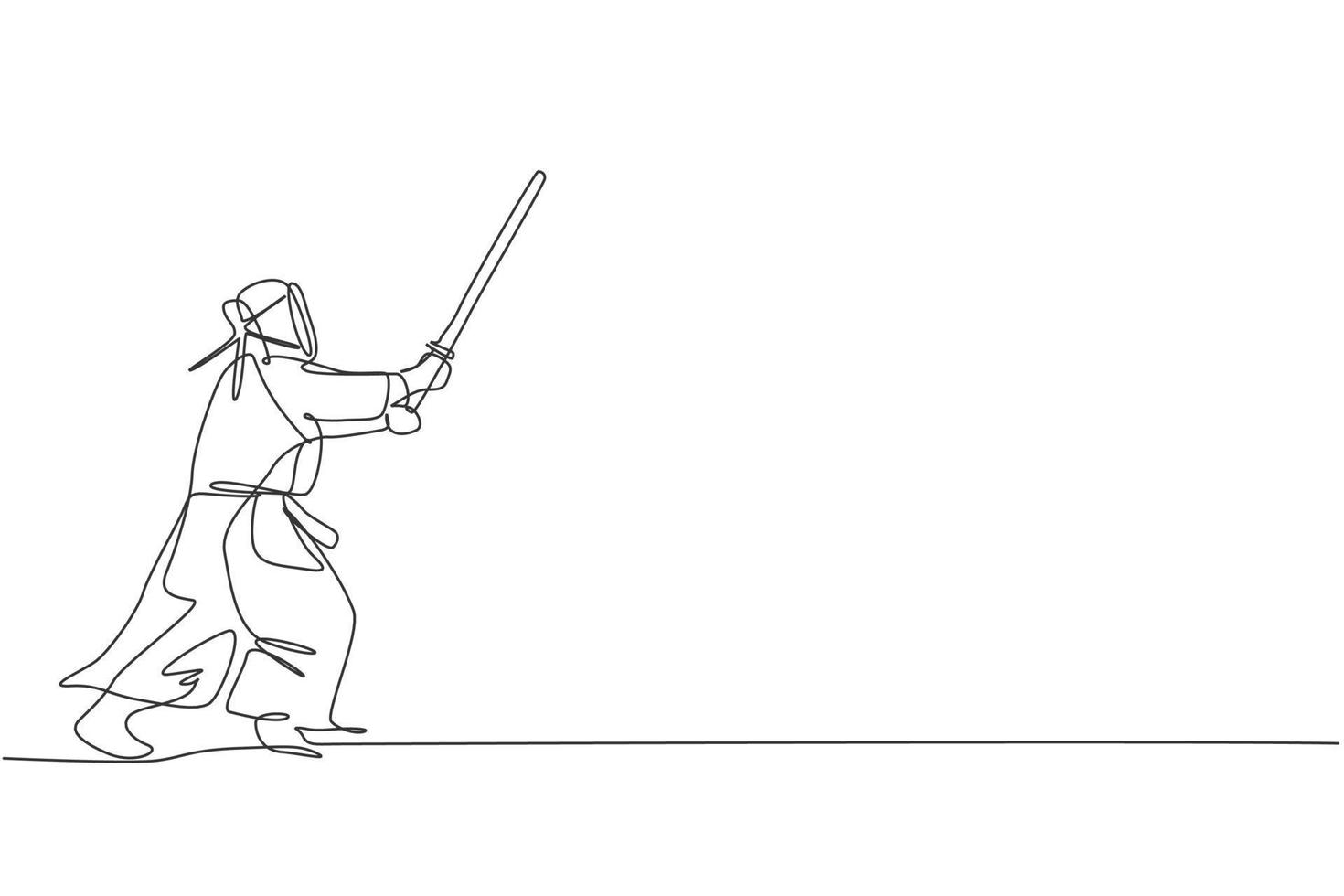 Single continuous line drawing of young sportive man practicing kendo attack martial art skill on gym sport center. Fighting sport concept. Trendy one line draw graphic design vector illustration