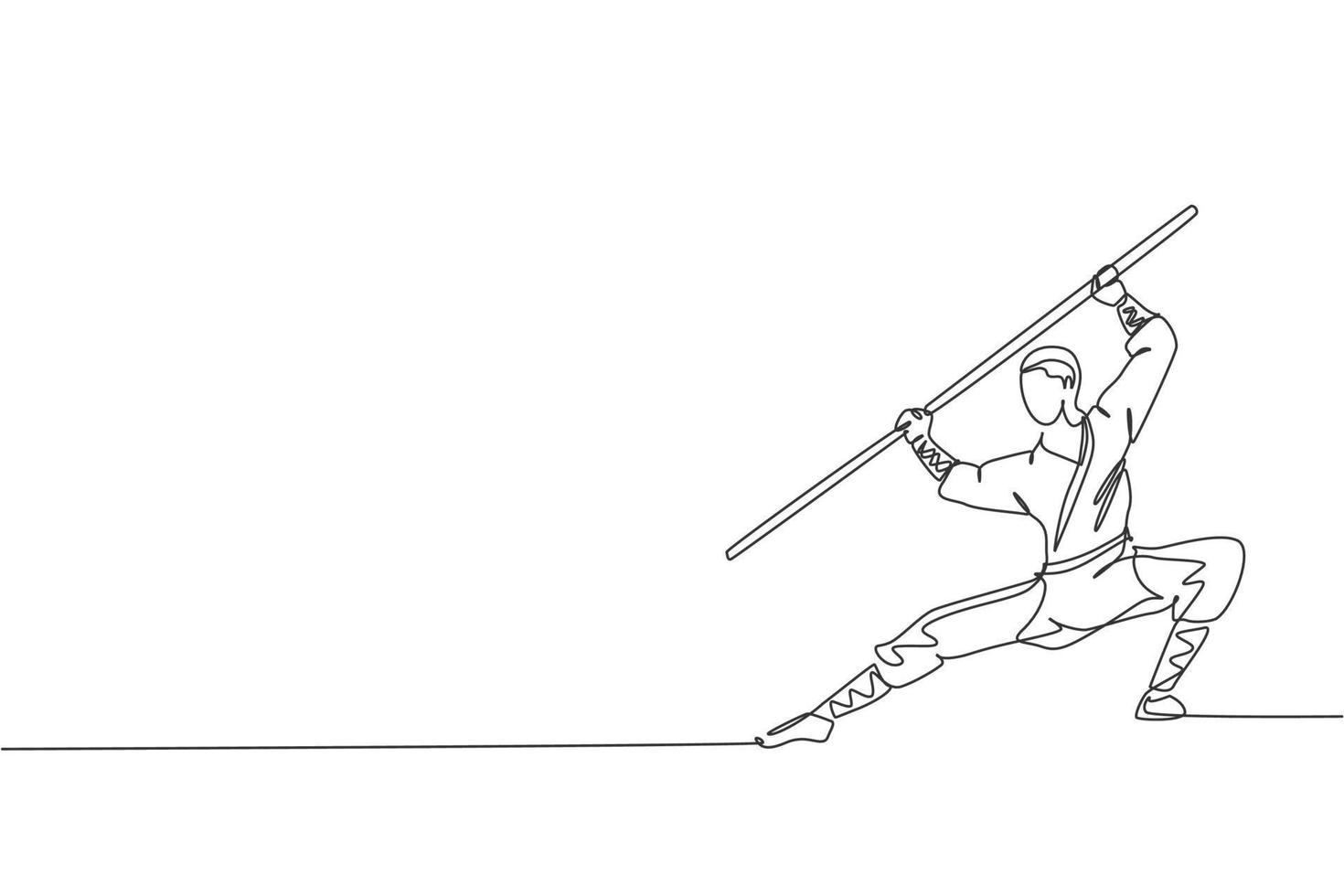 One continuous line drawing young shaolin monk man practice kung fu using long staff at temple ground. Traditional Chinese combative sport concept. Single line draw design graphic vector illustration