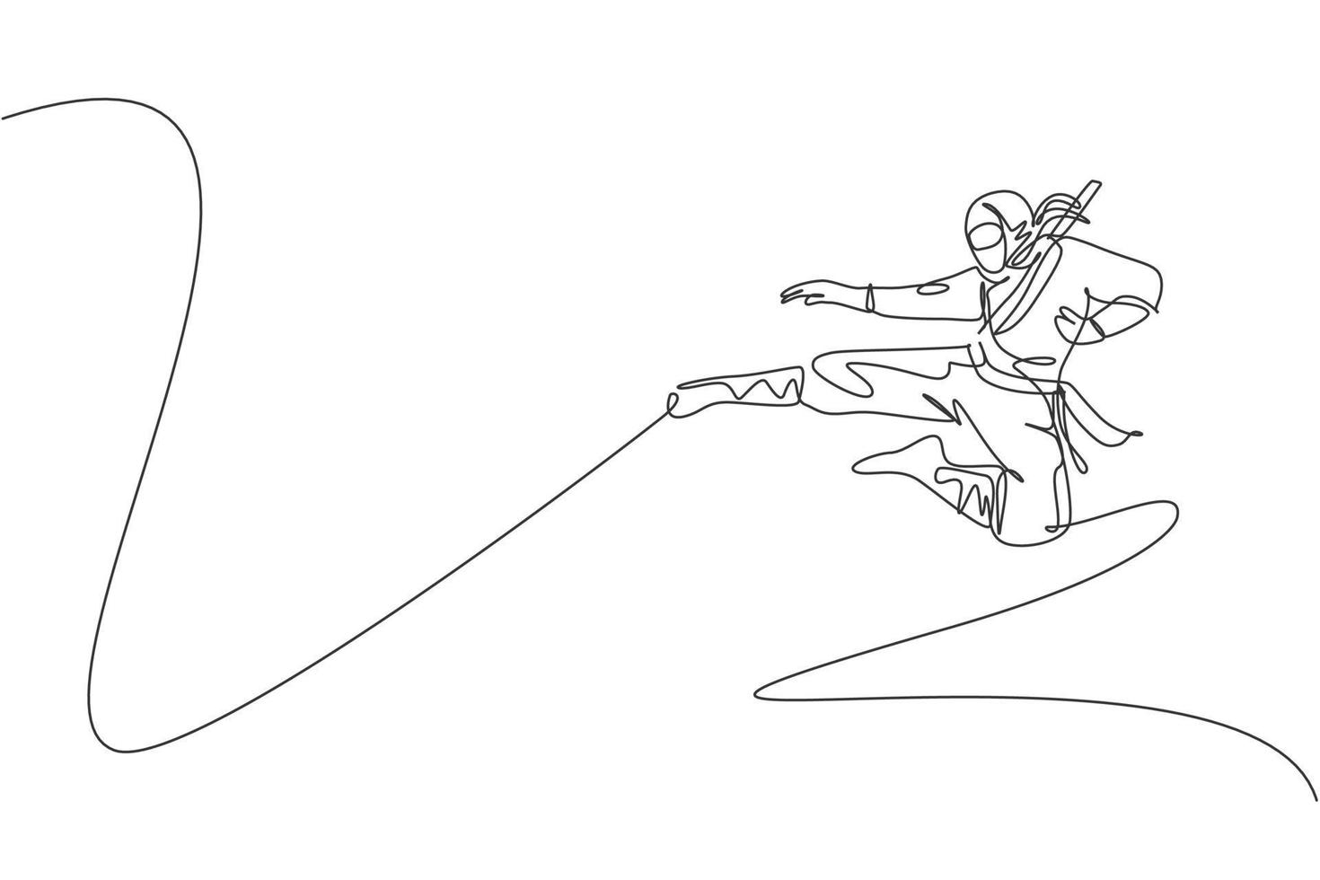 Single continuous line drawing of young Japanese culture ninja warrior with jumping kick attack pose. Martial art fighting samurai concept. Trendy one line draw graphic design vector illustration