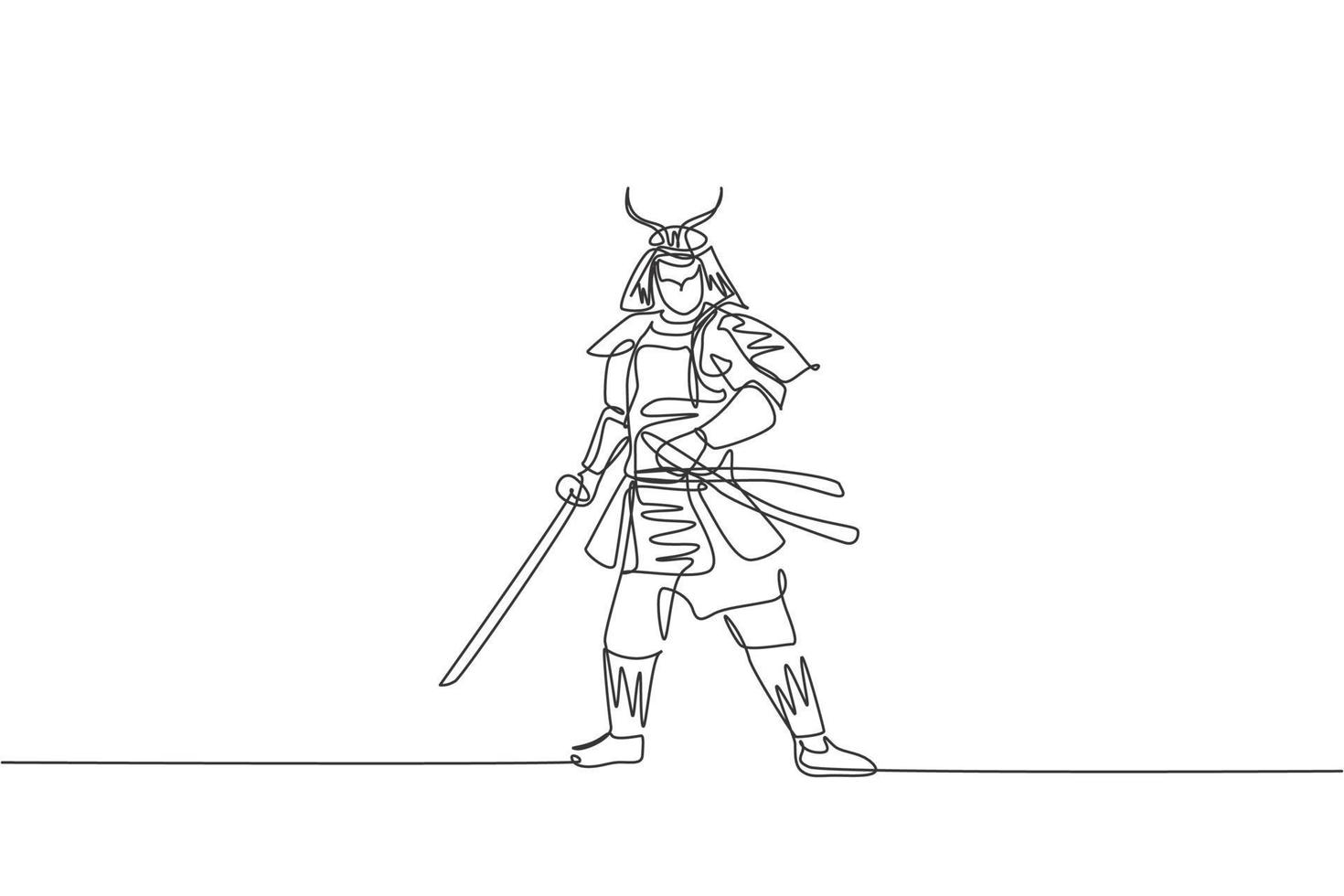 Single continuous line drawing of young strong samurai shogun wearing traditional uniform holding sword at festival. Ancient fighter soldier concept. Trendy one line draw design vector illustration