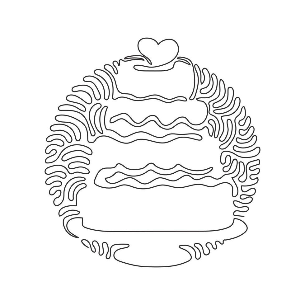 Single continuous line drawing wedding cake with love shape on top. Sweet cake for celebrate marriage party. Swirl curl circle background style. One line draw graphic design vector illustration