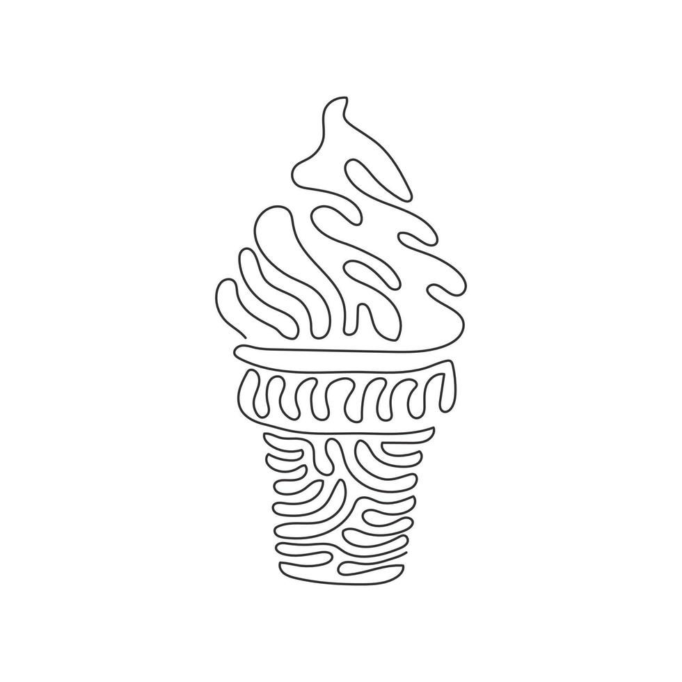 Single one line drawing delicious ice creams in crispy waffles cup. Tasty sweet ice-cream tastes. Cold summer desserts. Swirl curl style. Modern continuous line draw design graphic vector illustration