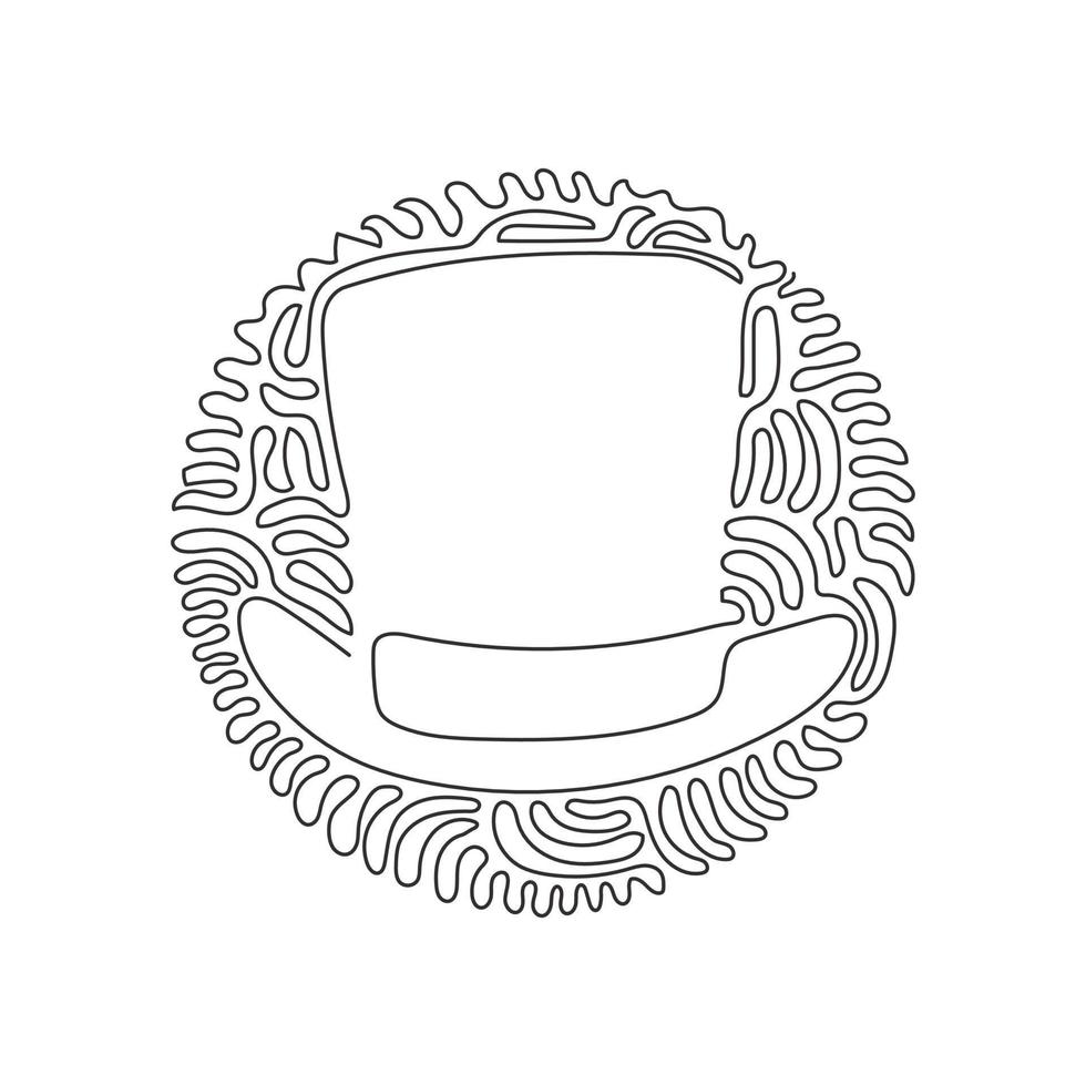 Continuous one line drawing vintage top hat. Cylinder hats. Old fashioned clothes. Elegant hat. Gentleman style. Swirl curl circle background style. Single line draw design vector graphic illustration