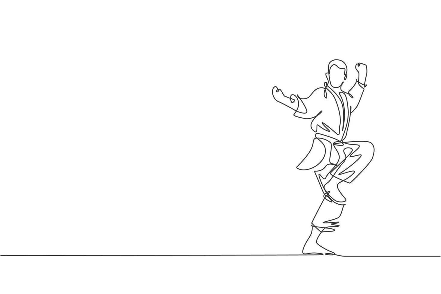 One single line drawing of young sporty karateka man in fight uniform with belt exercising martial art at gym vector illustration. Healthy sport lifestyle concept. Modern continuous line draw design