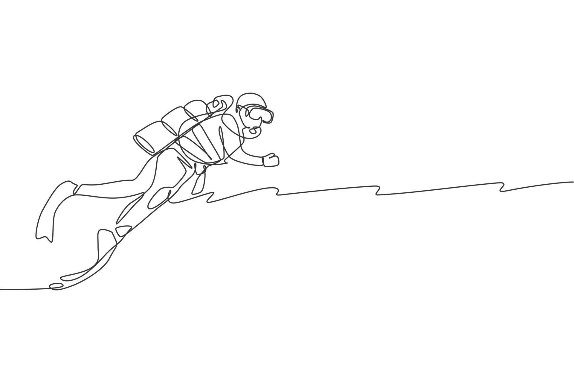 One single line drawing of young energetic man do scuba diving to