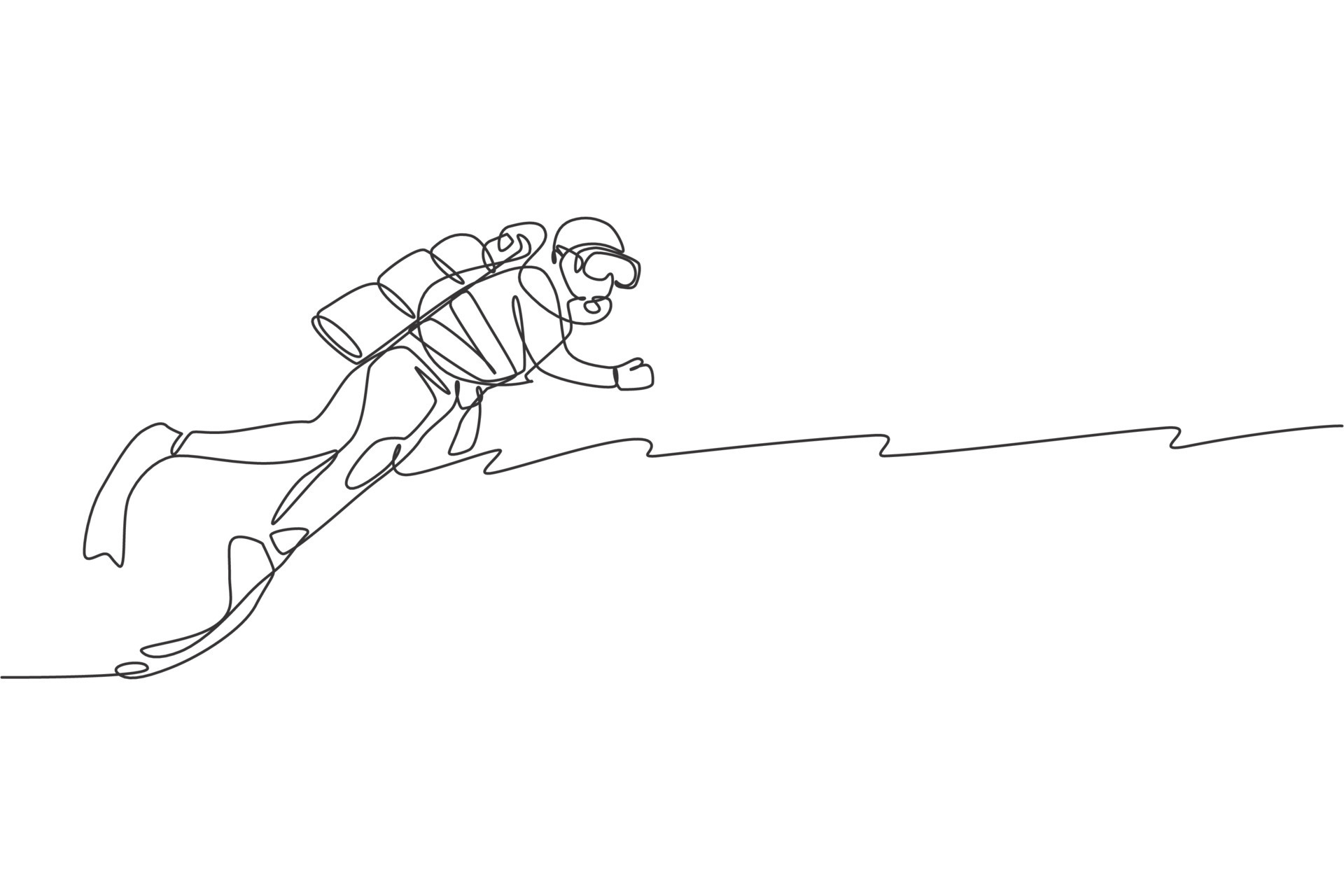 One single line drawing of young energetic man do scuba diving to