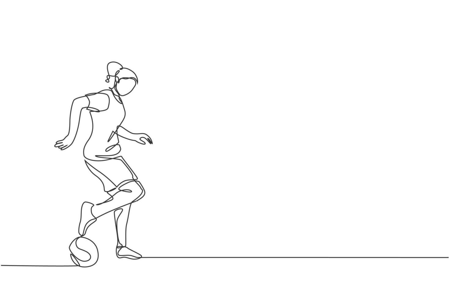 Single continuous line drawing of young sportive woman train soccer freestyle, dribbling trick on the field. Football freestyler concept. Trendy one line draw graphic design vector illustration
