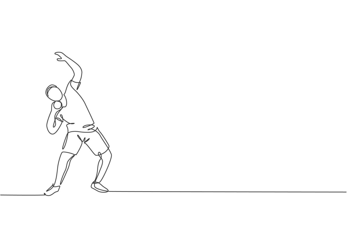 One single line drawing of young energetic man exercise the stance before throw shot put into field vector illustration. Healthy lifestyle athletic sport concept. Modern continuous line draw design