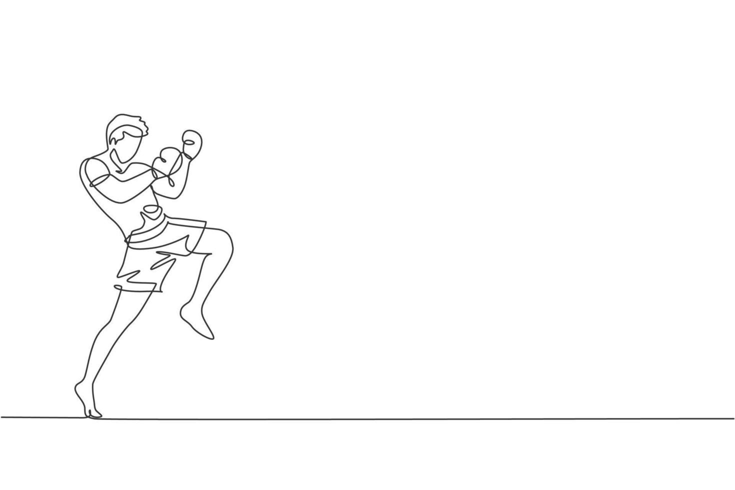 One continuous line drawing of young sporty muay thai boxer man preparing to fight, stance kick at box arena. Fighting sport game concept. Dynamic single line draw design vector graphic illustration