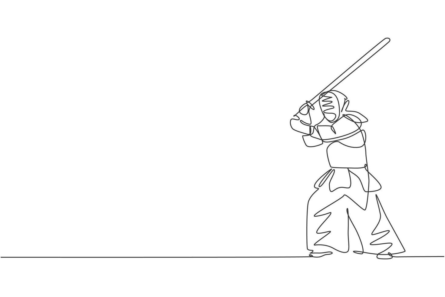 un dibujo de línea continua de un joven deportista entrenando la postura de kendo para la habilidad de lucha en el centro de dojo. concepto de deporte de arte marcial saludable. Ilustración gráfica de vector de diseño de dibujo de línea única dinámica