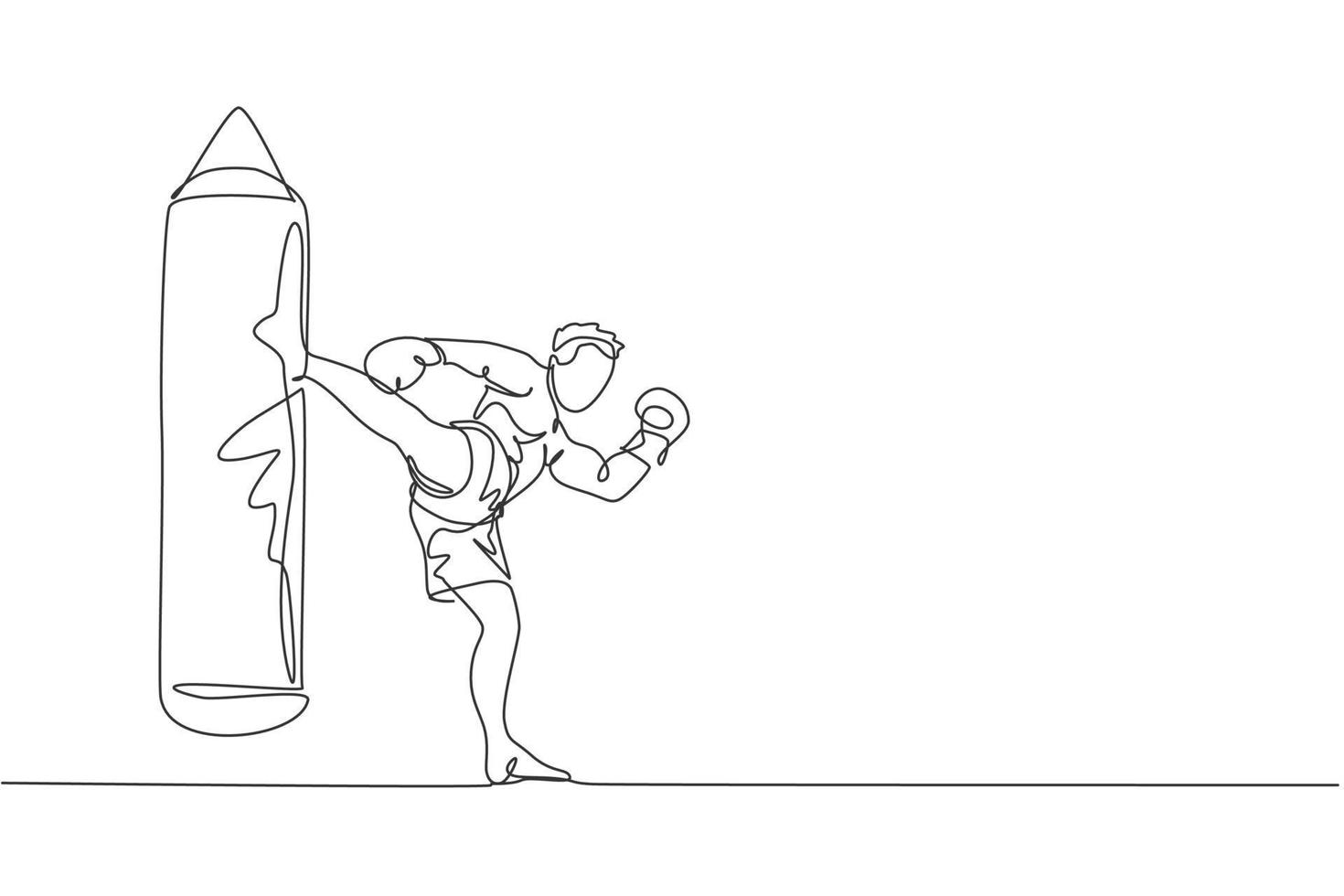 un dibujo de una sola línea de un joven y enérgico kickboxer practica patadas altas con un saco de boxeo en la ilustración vectorial de la arena de boxeo. concepto de deporte de estilo de vida saludable. diseño moderno de dibujo de línea continua vector