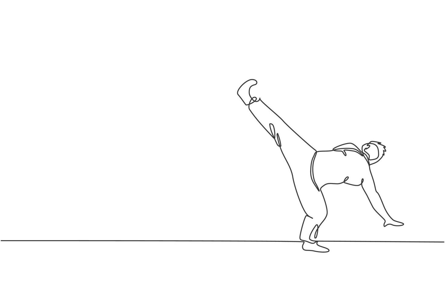 un dibujo de una sola línea de un joven enérgico bailarín de capoeira realiza una ilustración de vector gráfico de lucha de baile. concepto de deporte de estilo de vida de arte marcial tradicional. diseño moderno de dibujo de línea continua