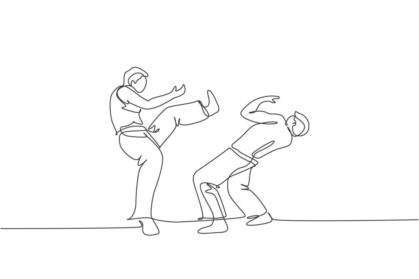 un dibujo de una sola línea de dos jóvenes y enérgicos bailarines de capoeira realizan una ilustración vectorial de lucha de baile. concepto de deporte de estilo de vida de arte marcial tradicional. diseño moderno de dibujo de línea continua vector