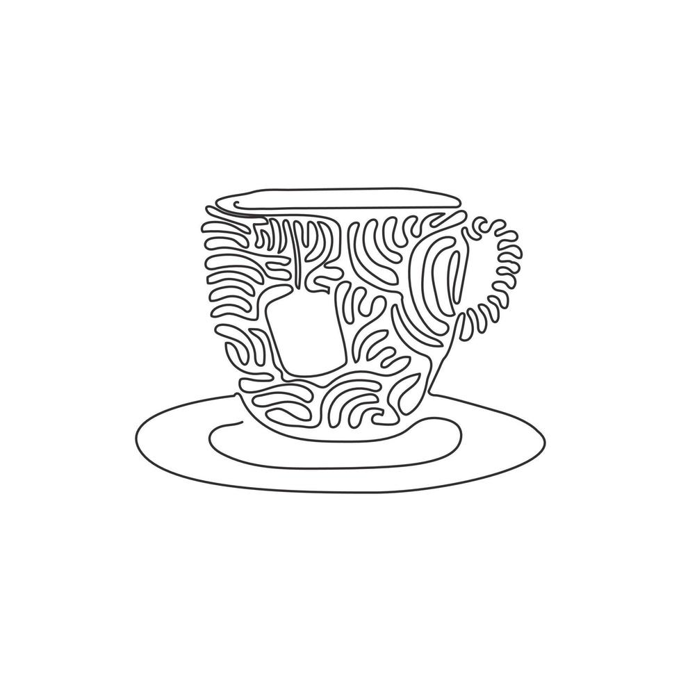 Continuous one line drawing cup with tea bag. Hot green tea drinks for breakfast. Enjoy freshness and relaxation in the morning. Swirl curl style. Single line draw design vector graphic illustration