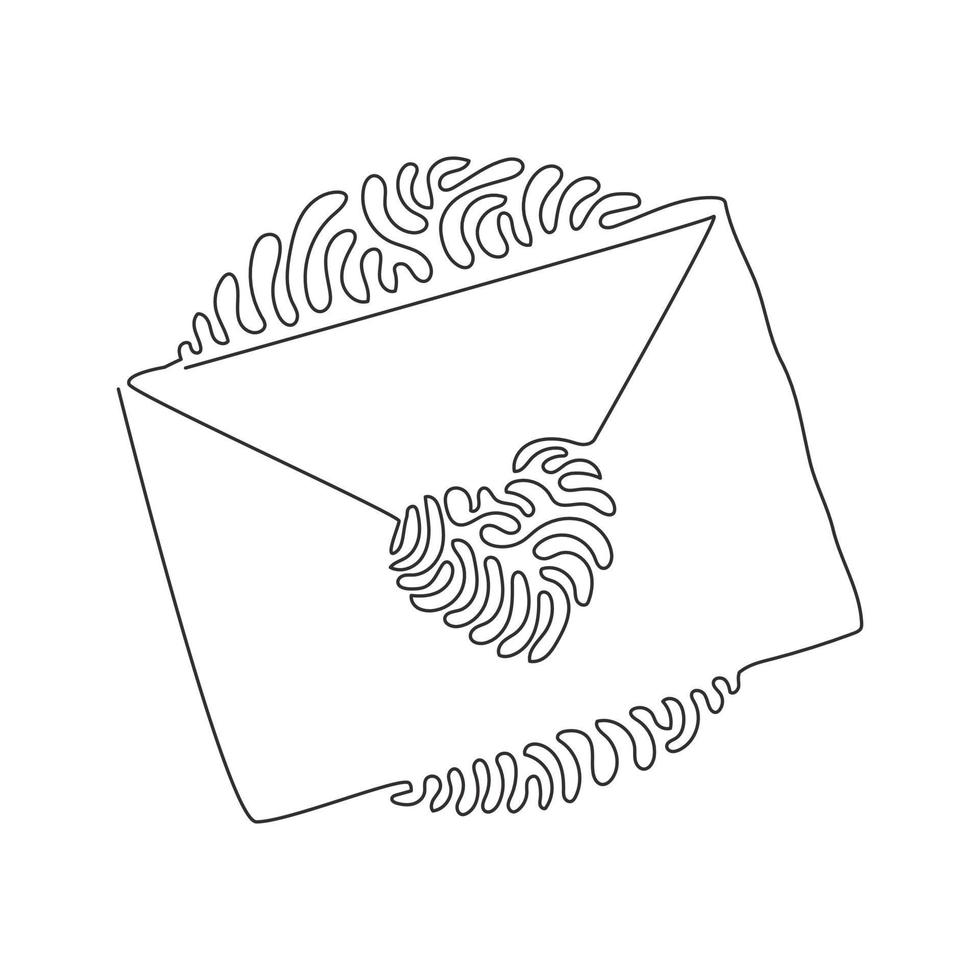 Single continuous line drawing envelope sealed with heart. Love letter or affectionate greeting card. Messages of love and happiness. Swirl curl circle background style. Dynamic one line draw graphic vector