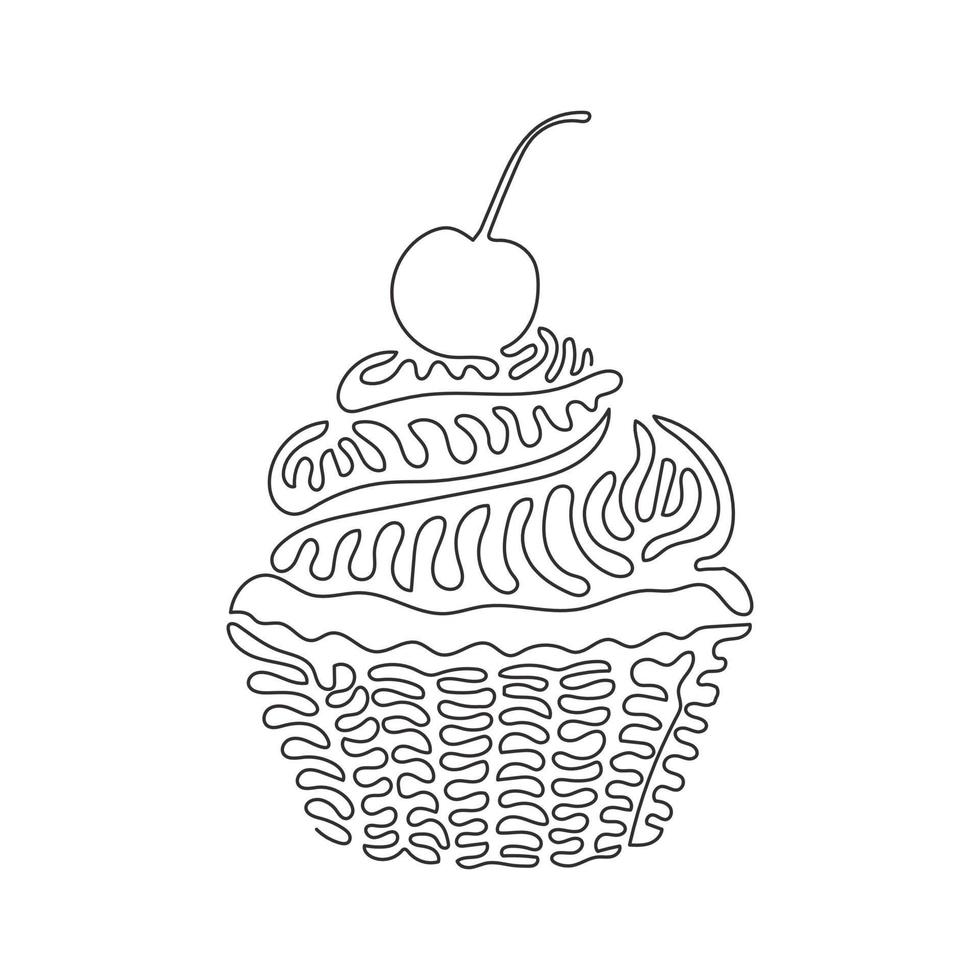 Single continuous line drawing yummy cupcake with cherry. Sweet tasty cake. Delicious dessert for dinner. Snack in birthday. Swirl curl style. Dynamic one line draw graphic design vector illustration