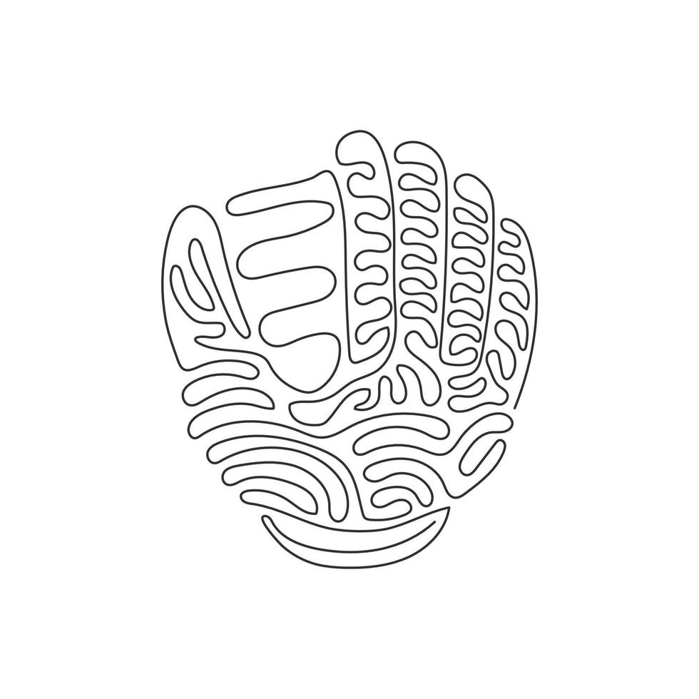 Continuous one line drawing baseball leather glove for championship promotion. Baseball tournament. Team sport league banner. Swirl curl style. Single line draw design vector graphic illustration